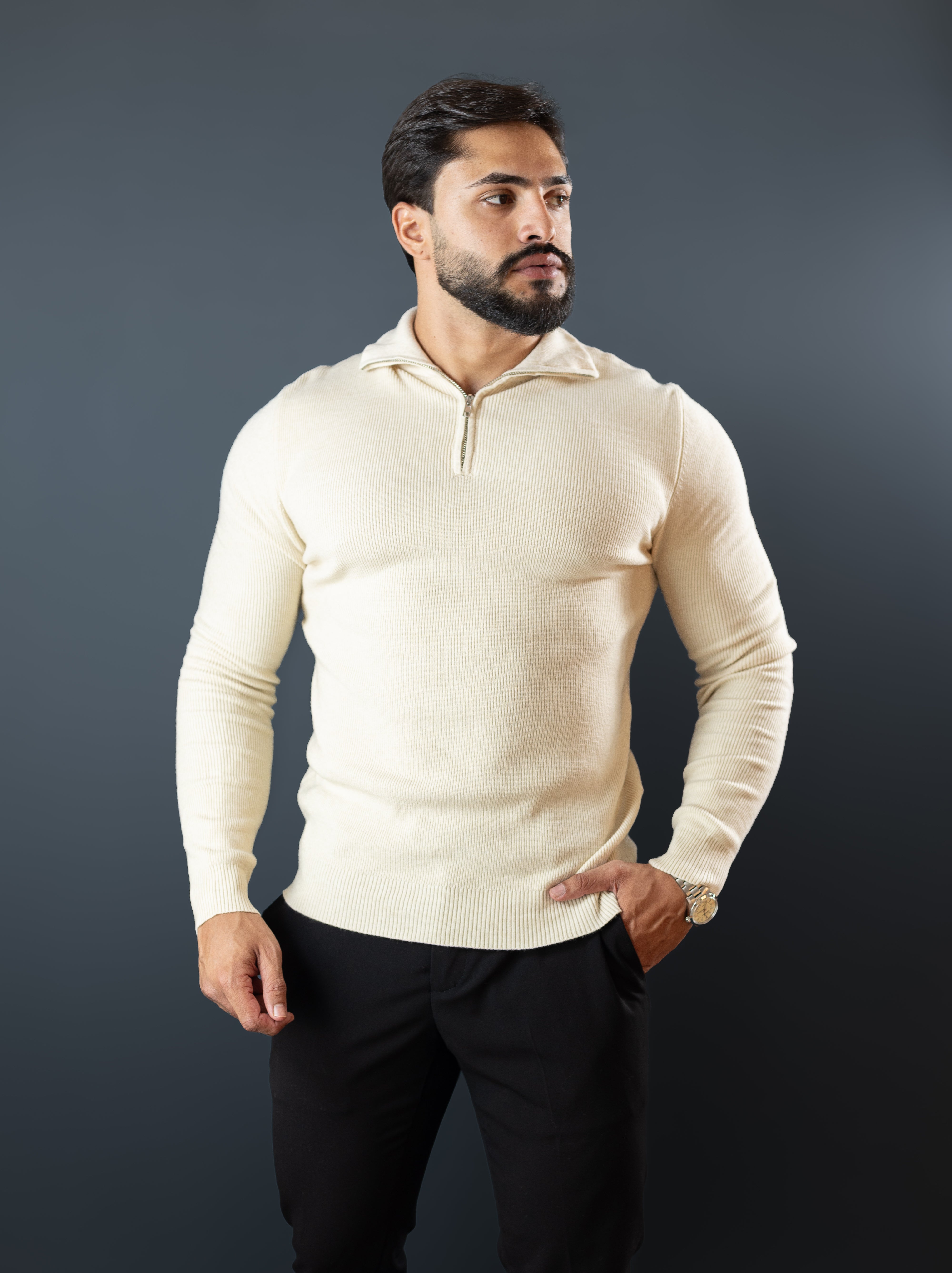 Blusa de Tricot Masculina com Zíper e Gola Alta Off-white Casual