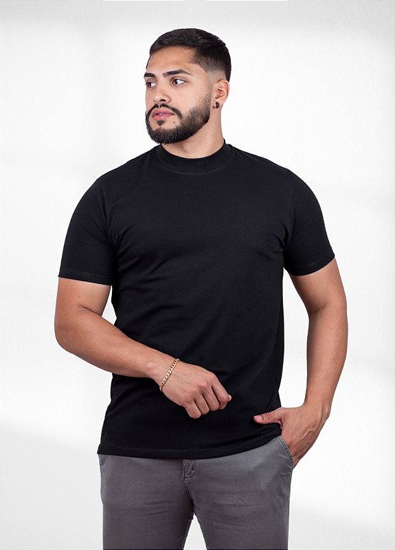 kit 5 Camisetas Gola alta Pretas - Algodão Egipcio