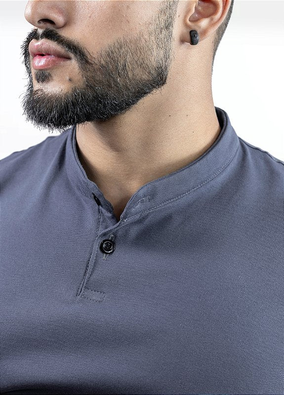 Camiseta Henley cinza (gola padre)  - Algodão Egípcio