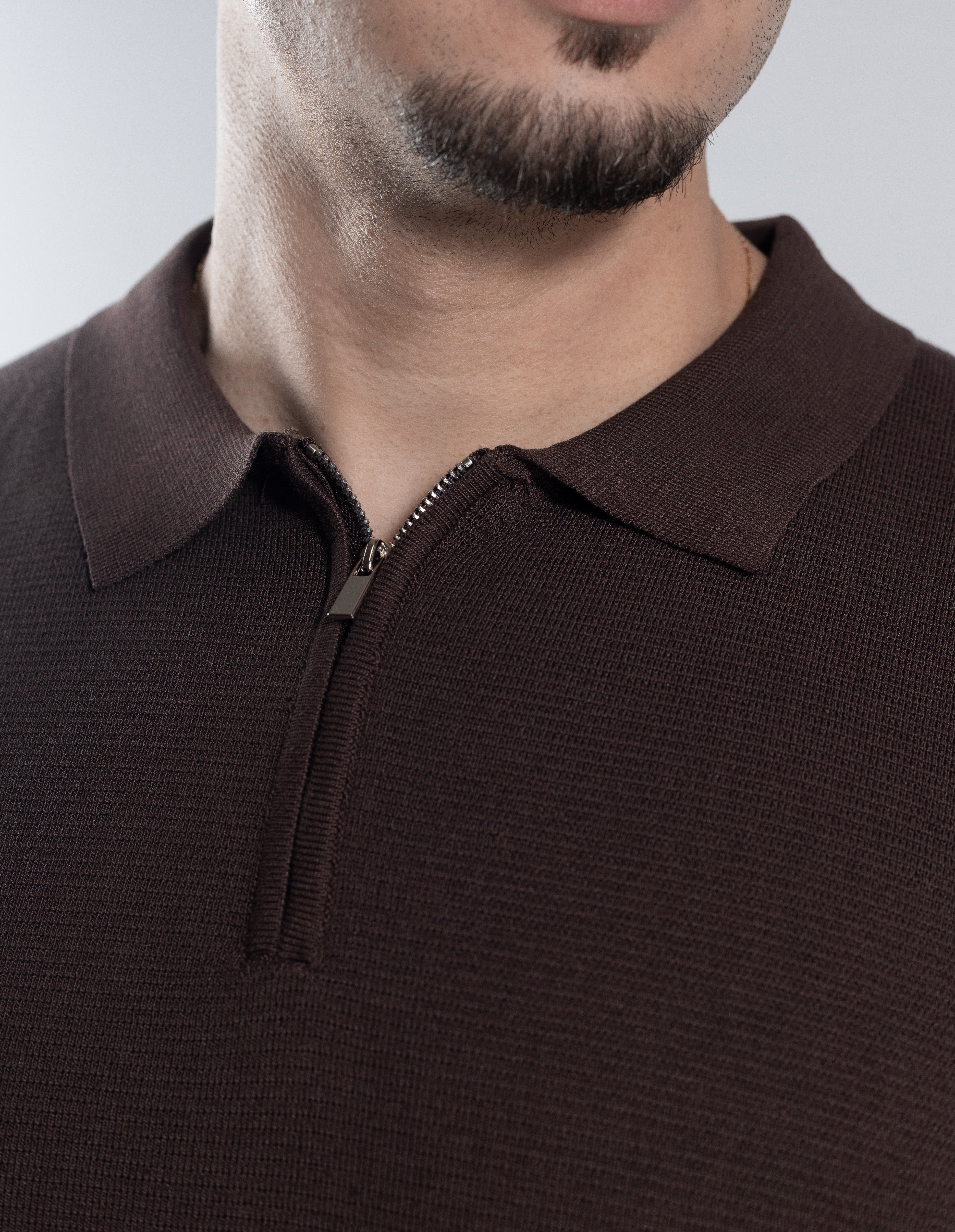 Polo Masculina de Tricot com Zíper Marrom