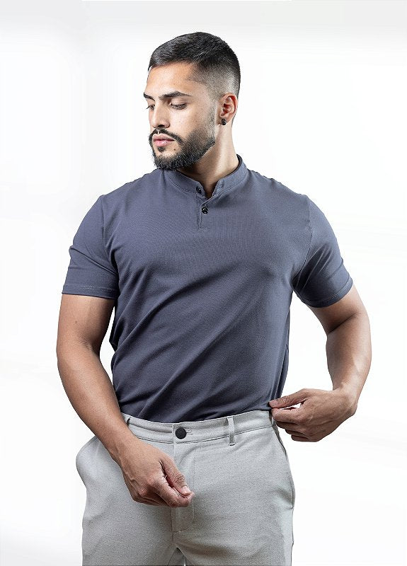 Camiseta Henley cinza (gola padre)  - Algodão Egípcio