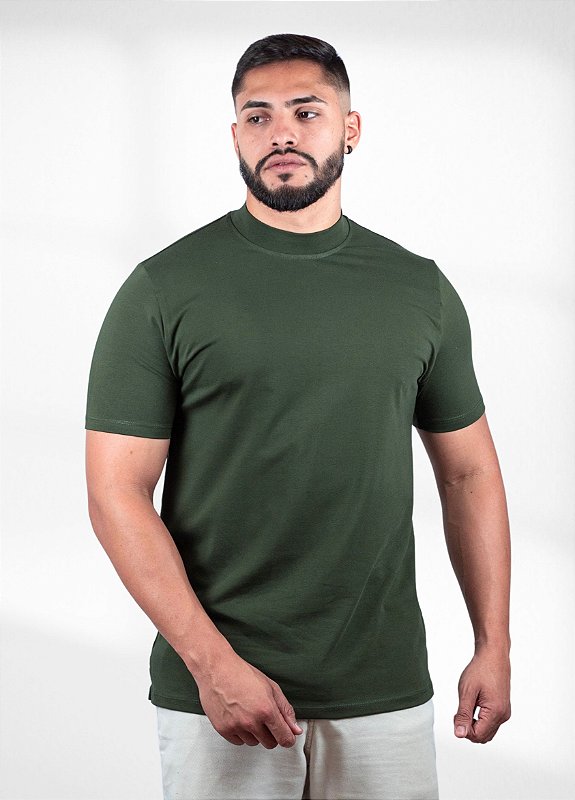 Camiseta Gola alta Verde militar - Algodão Egípcio