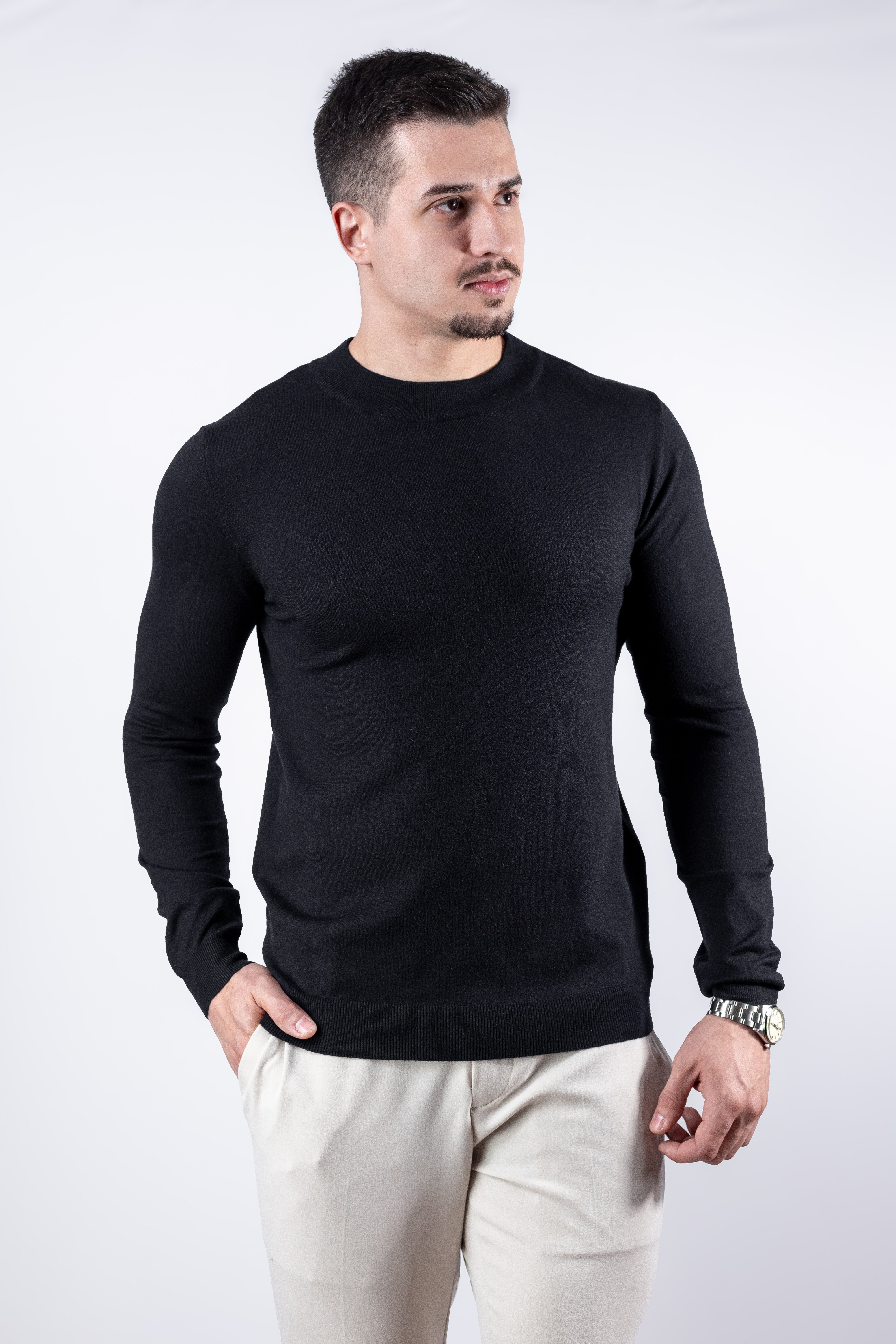 Sueter Tricot masculino gola redonda Preto com toque cashmere