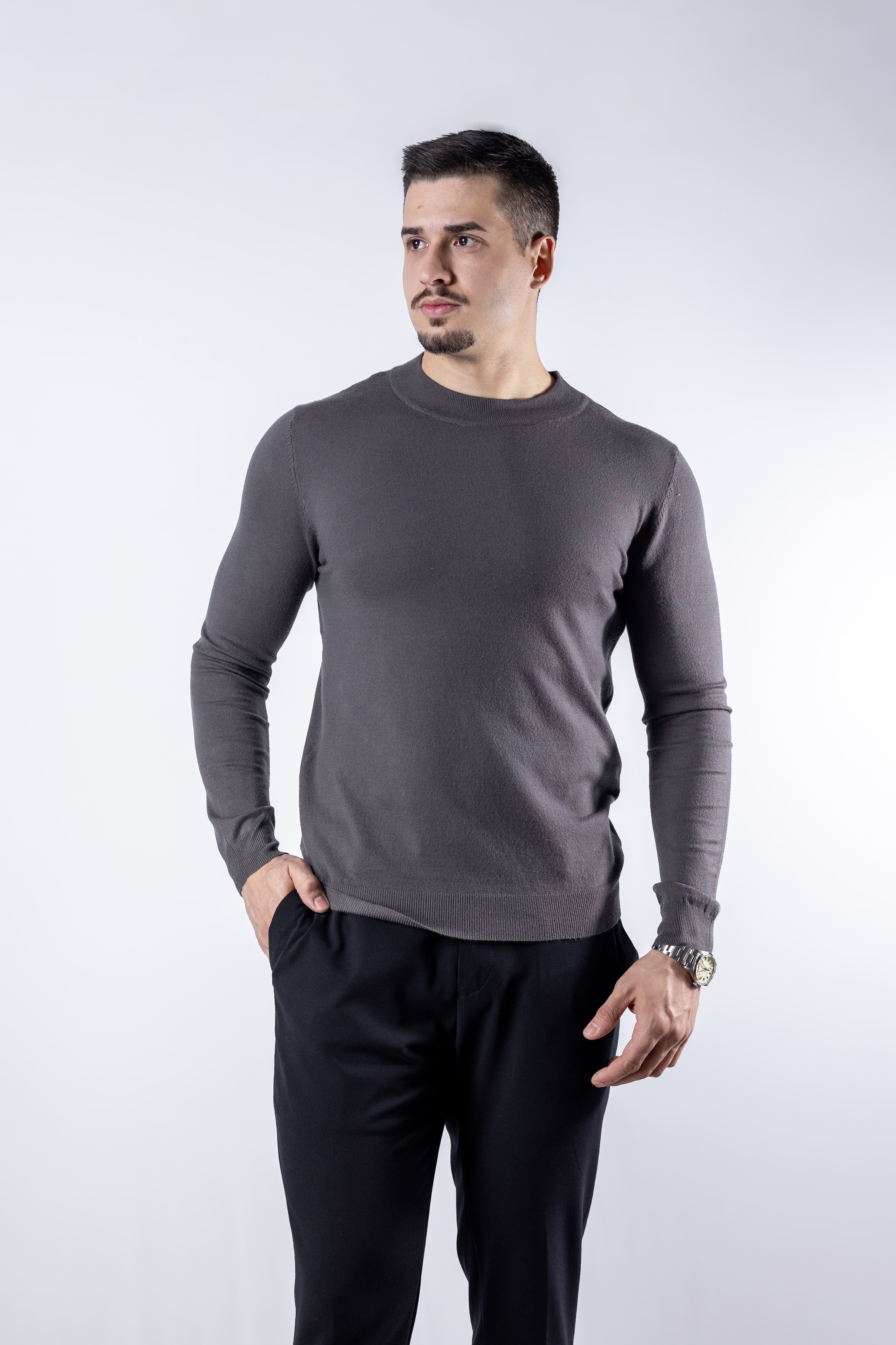 Sueter Tricot masculino gola redonda Cinza com toque cashmere