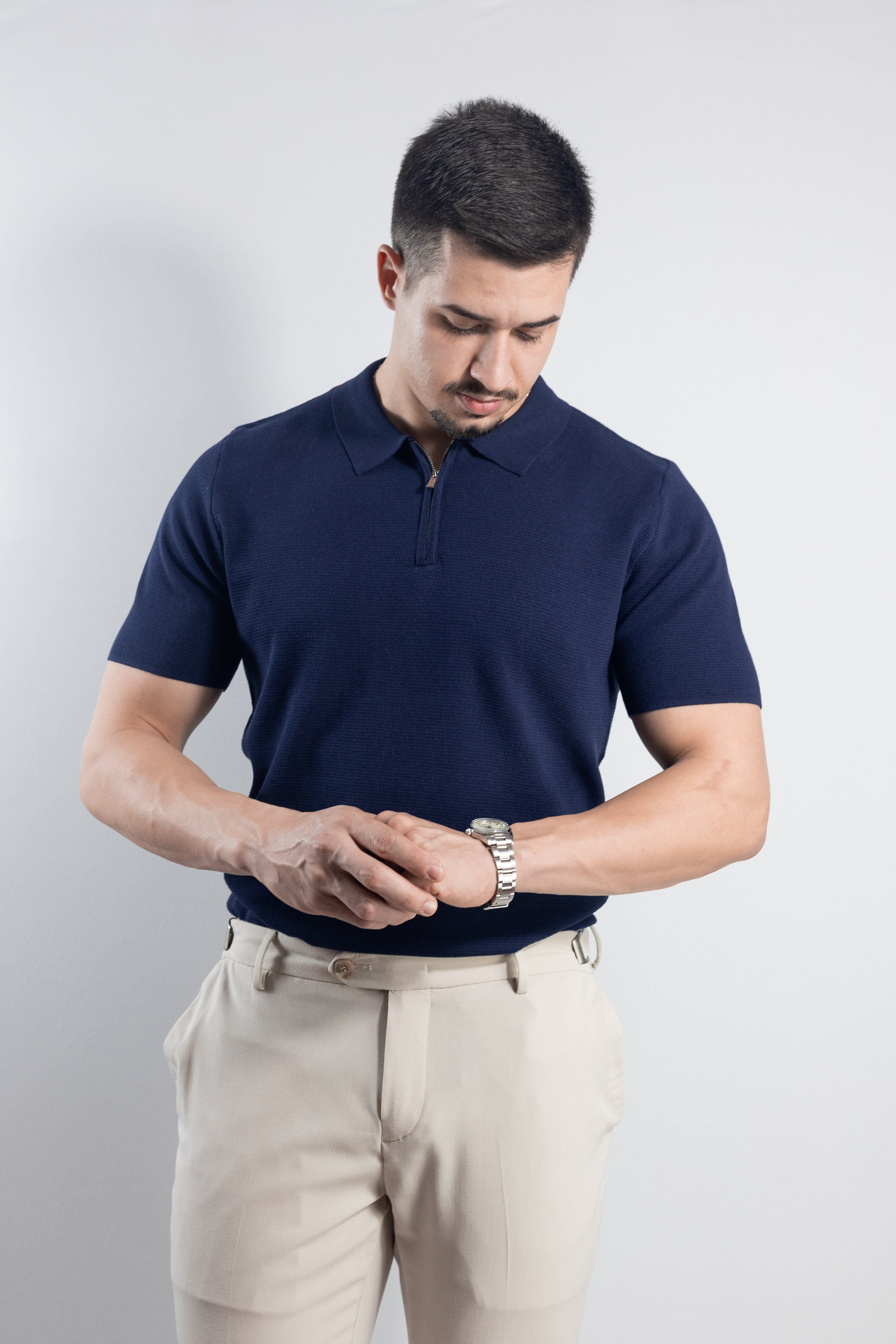 Polo Masculina de Tricot com Zíper Marinho