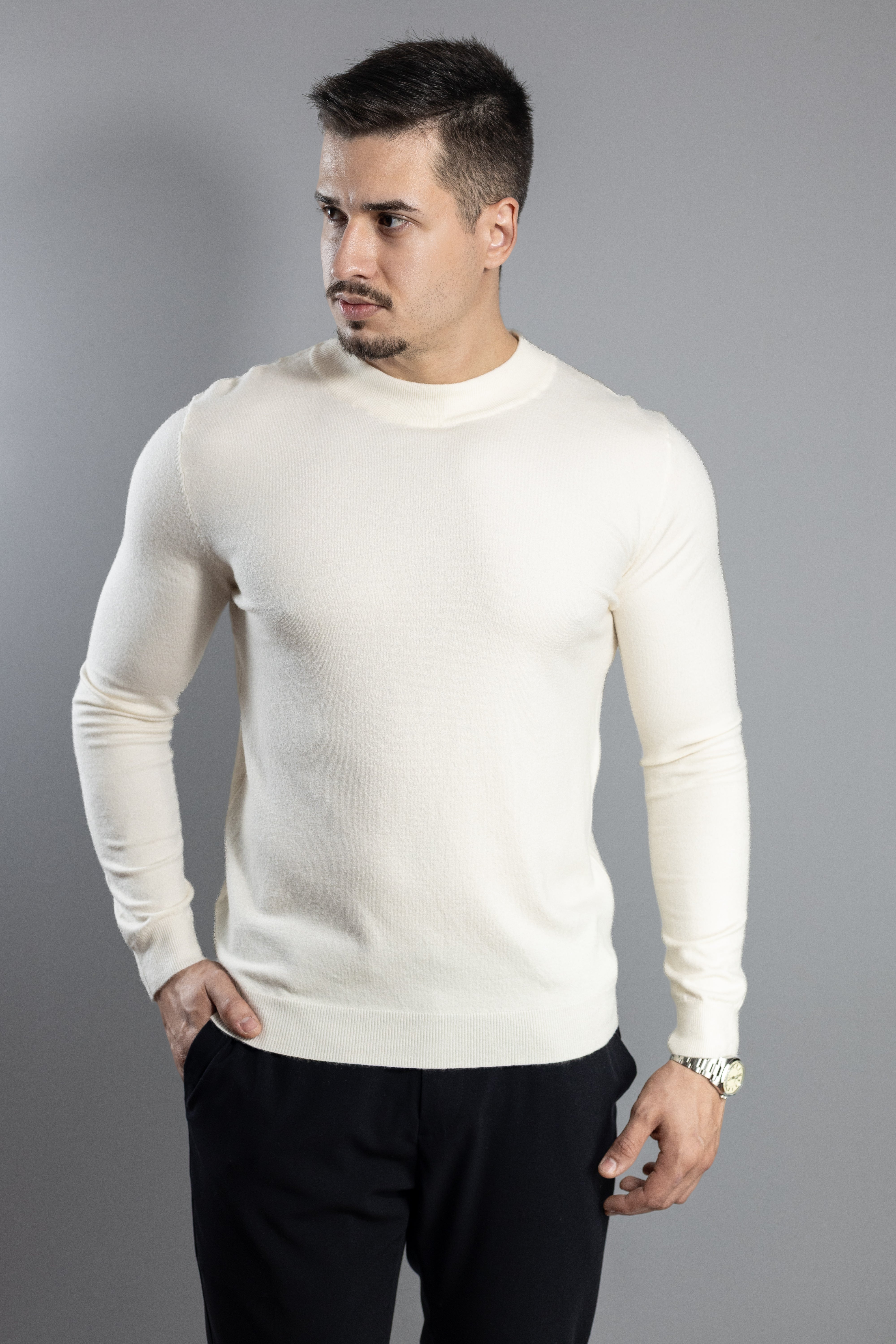 Sueter Tricot masculino gola redonda OffWhite com toque cashmere