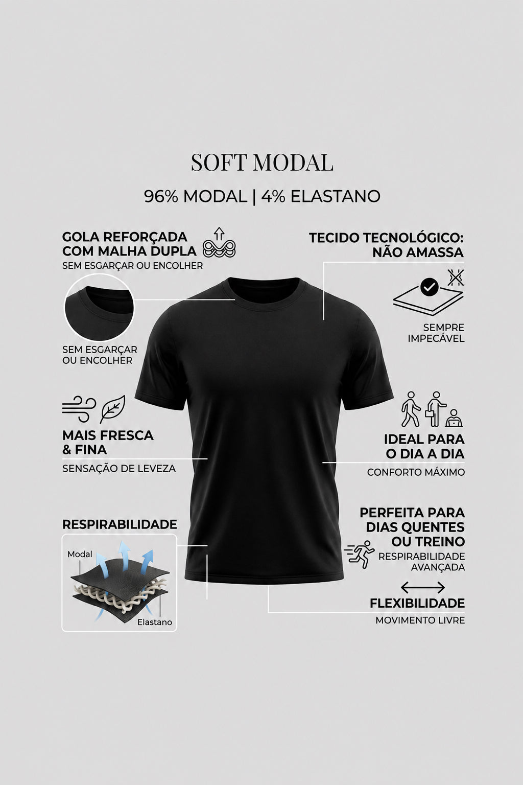 Camiseta Modal Masculina Preta Básica - Leve e Fresca
