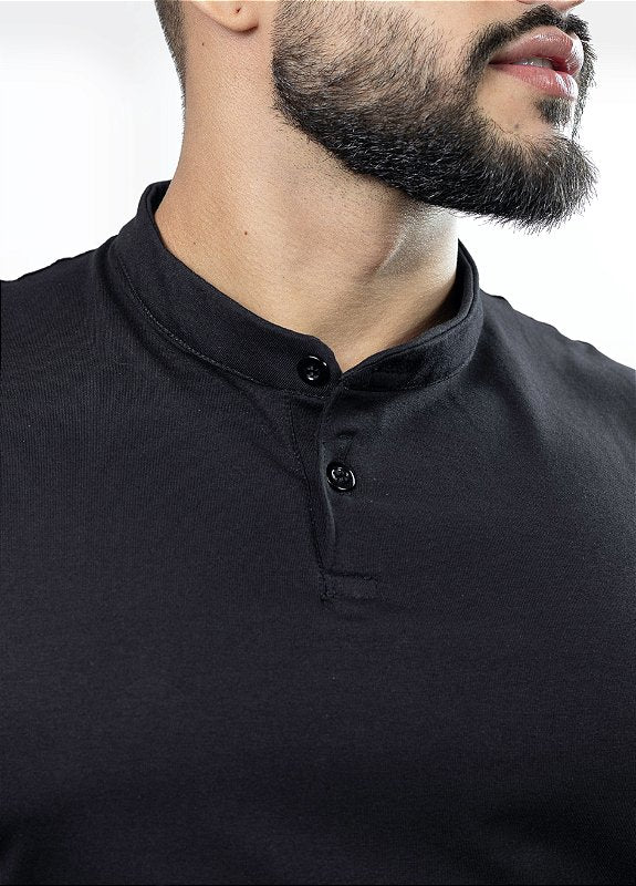 Camiseta Henley preta (gola padre)  - Algodão Egípcio