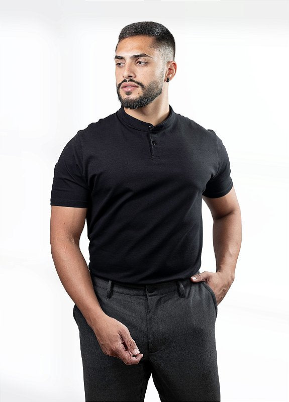 Camiseta Henley preta (gola padre)  - Algodão Egípcio