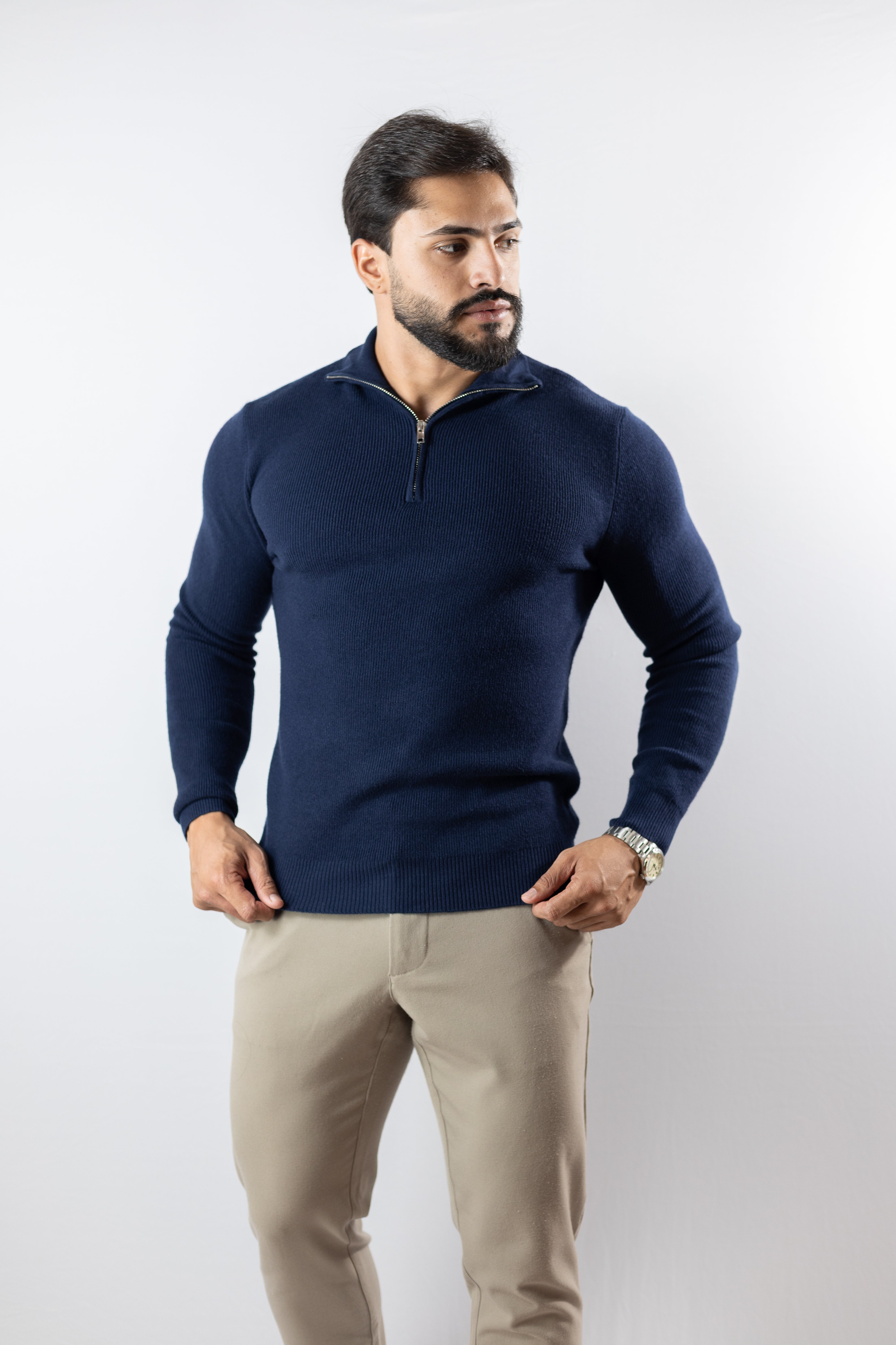 Blusa de Tricot Masculina com Zíper e Gola Alta Azul marinho Casual