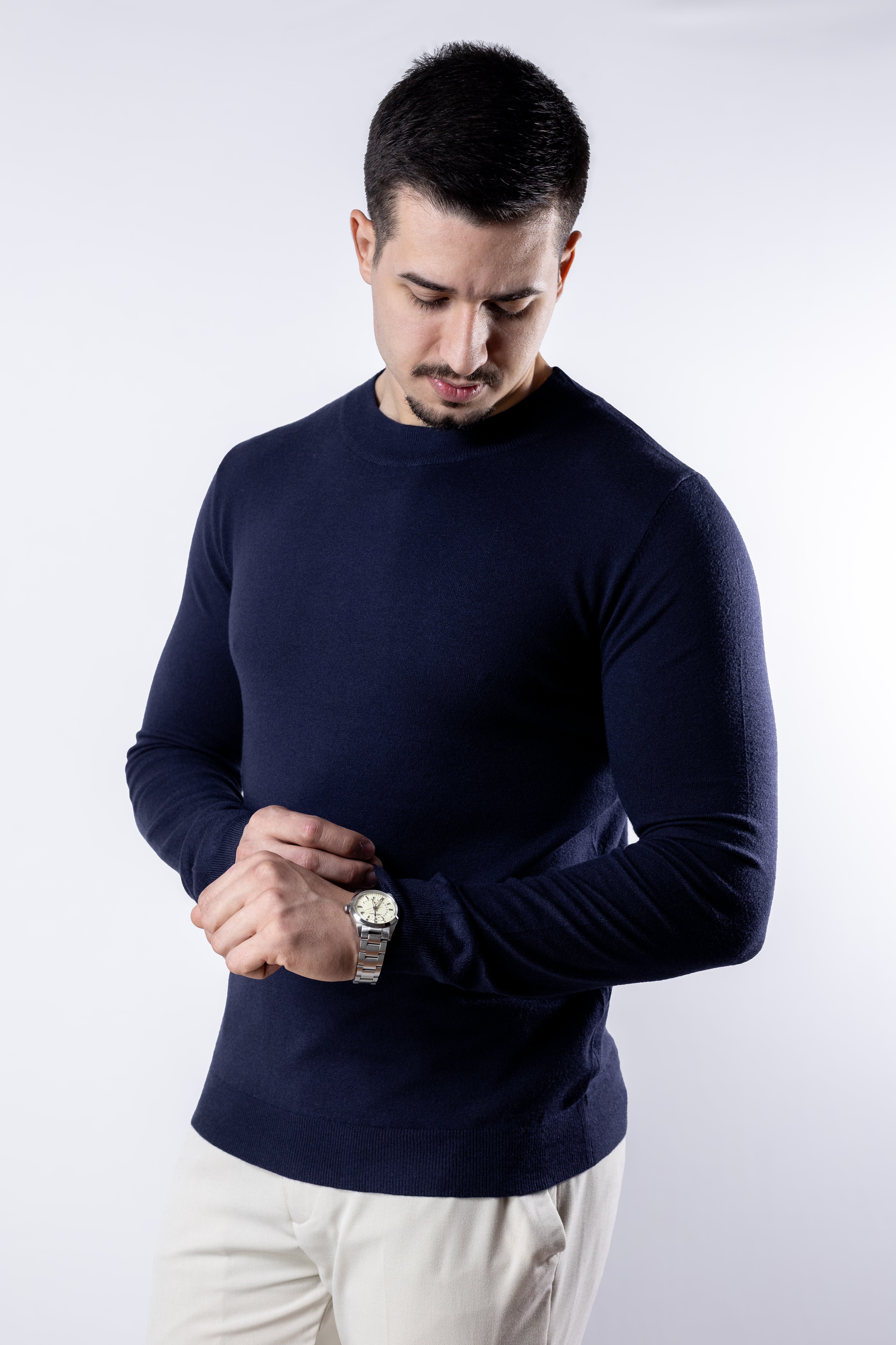 Sueter Tricot masculino gola redonda Marinho com toque cashmere