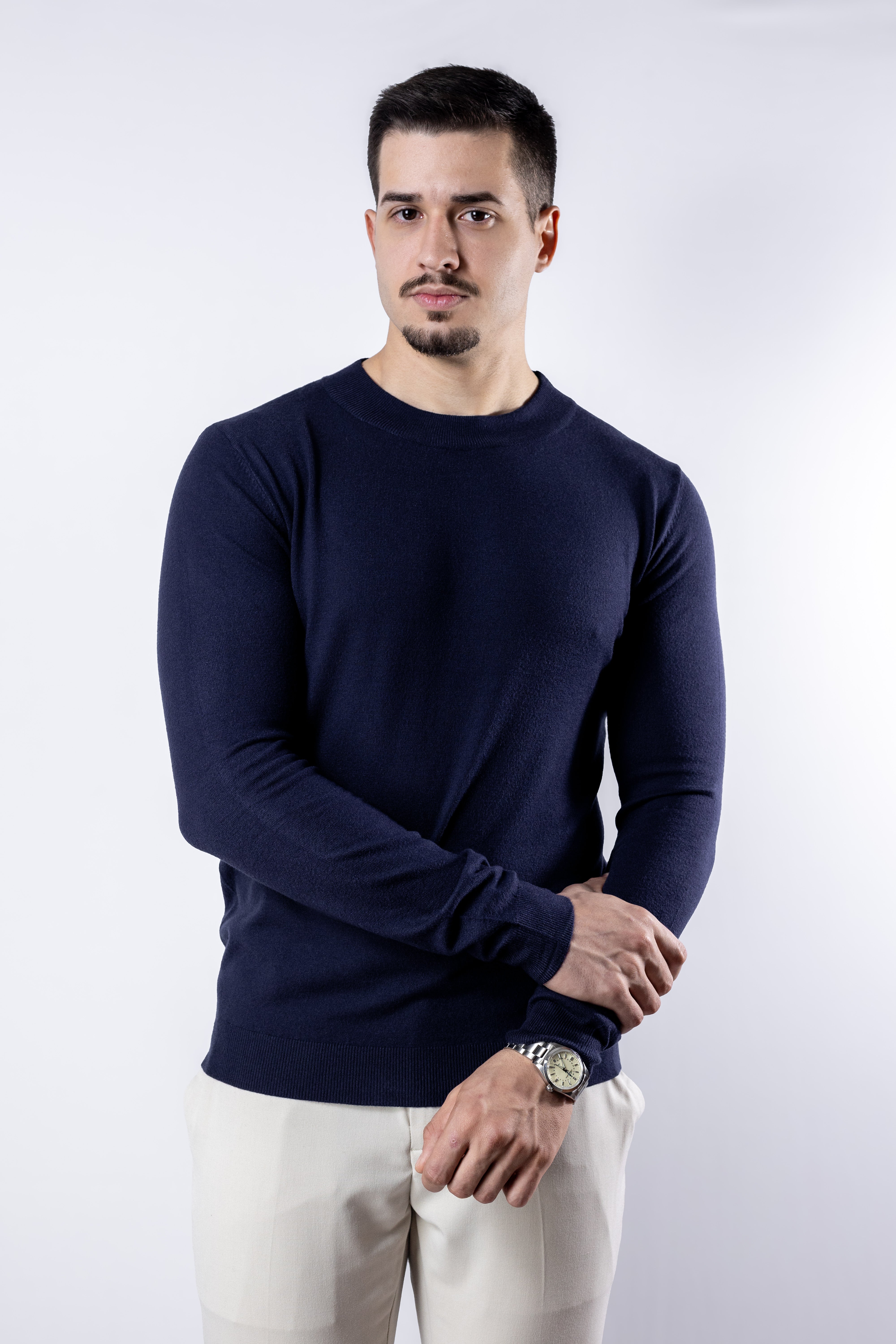 Sueter Tricot masculino gola redonda Marinho com toque cashmere