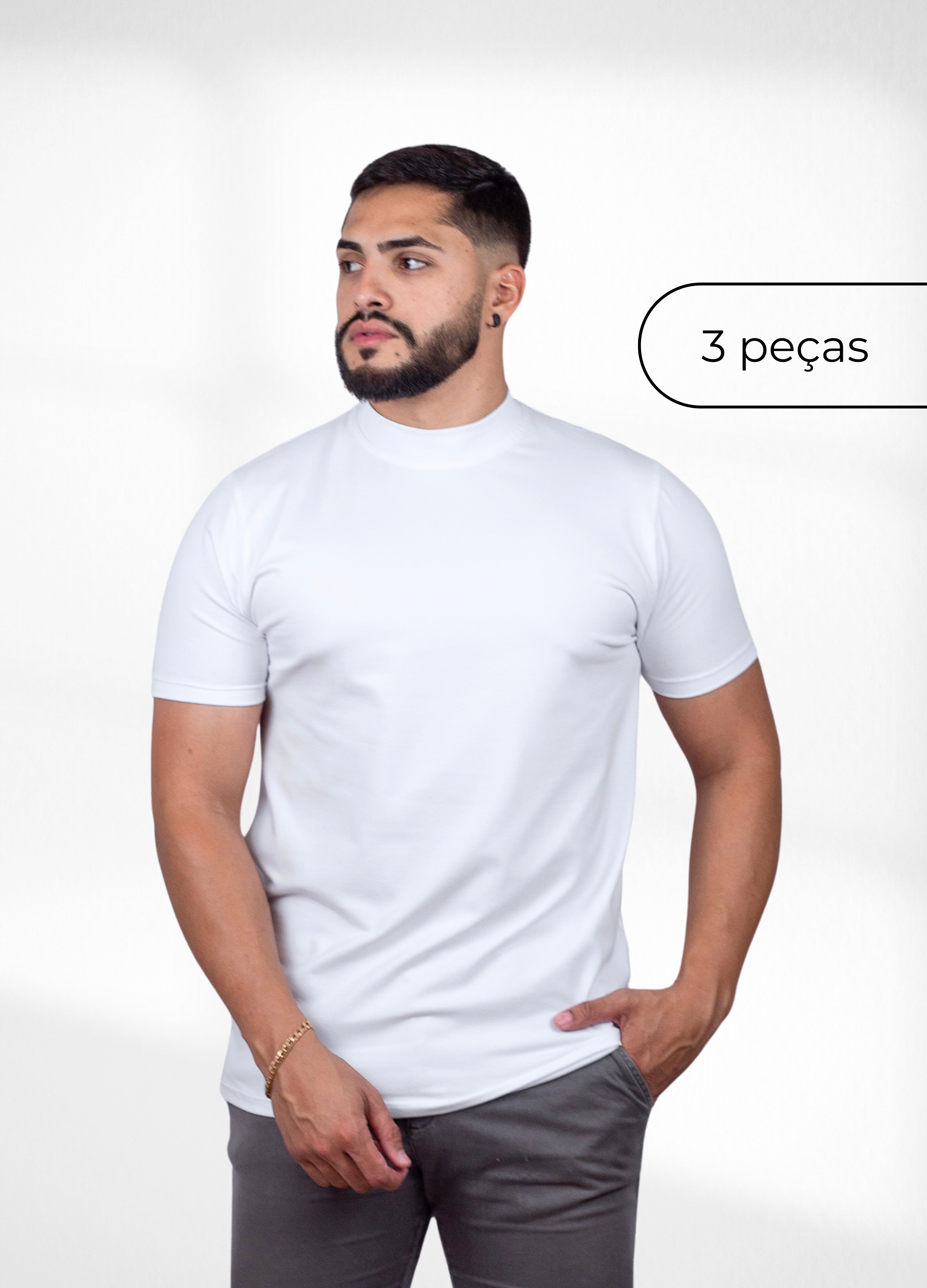 kit 3 Camisetas Gola alta Brancas - Algodão Egipcio