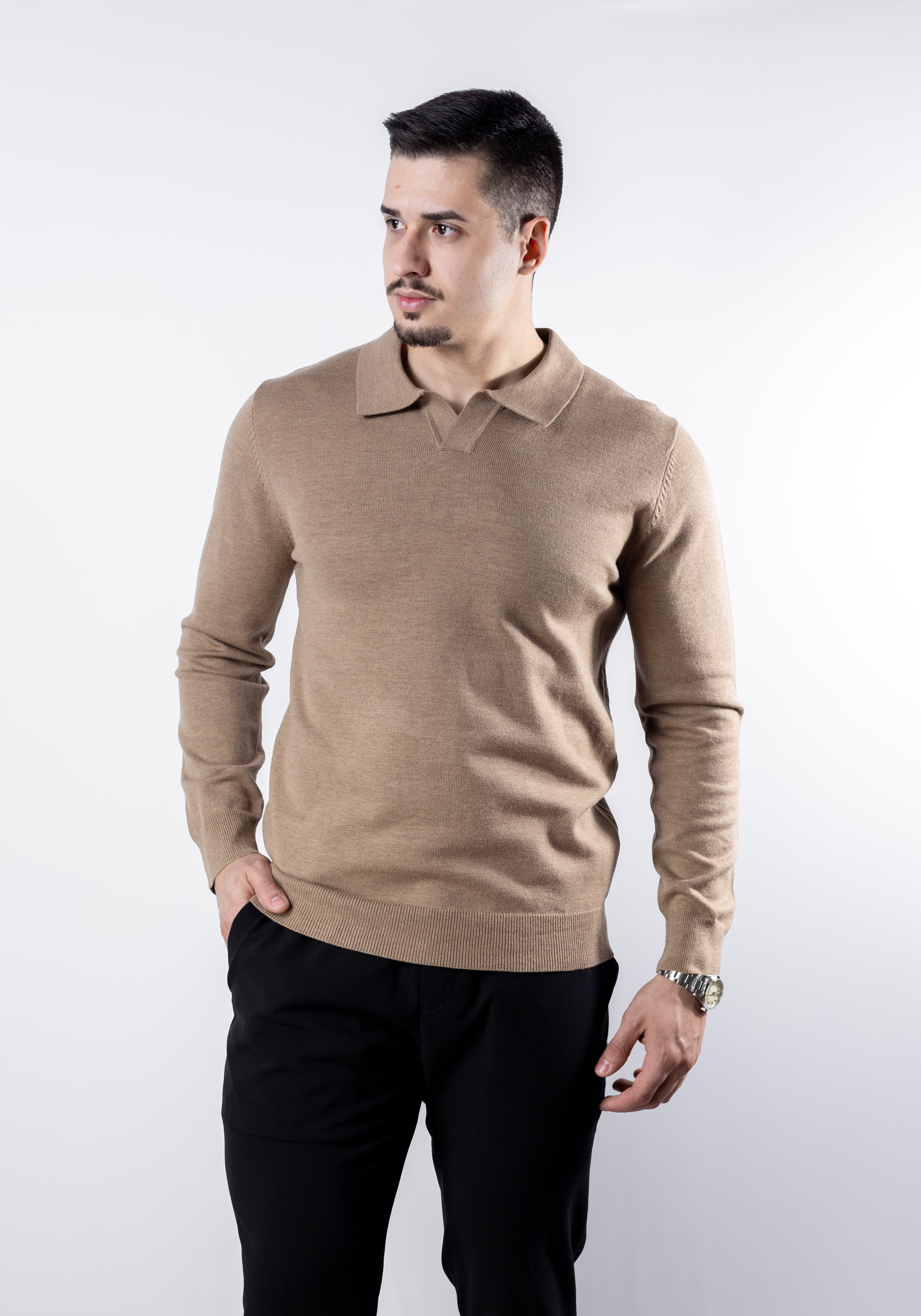 Sueter Tricot masculino gola polo italiana Bege