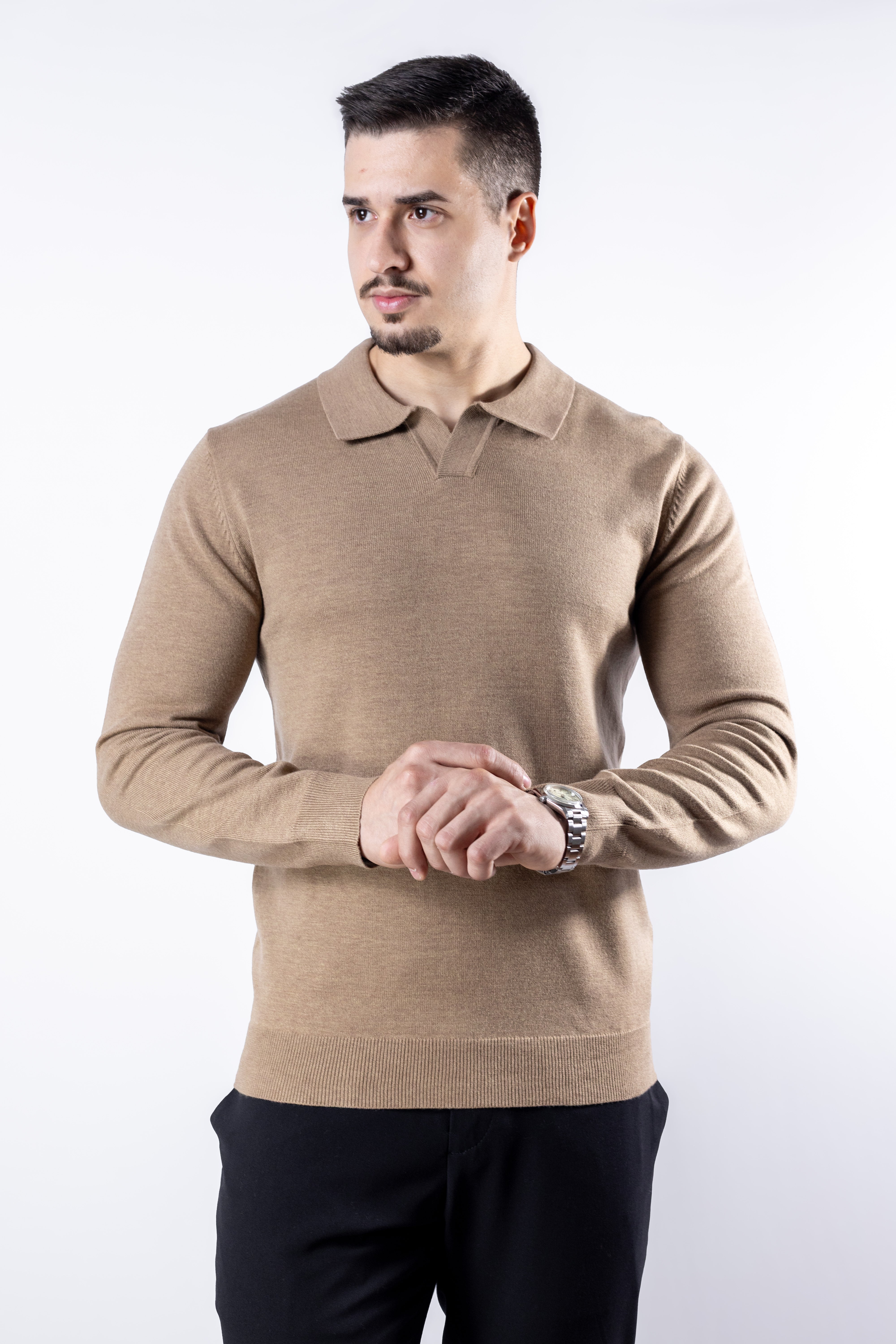 Sueter Tricot masculino gola polo italiana Bege