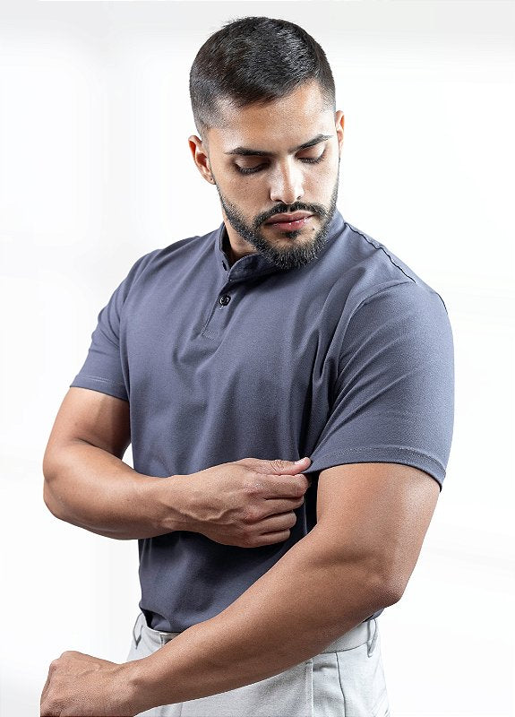 Camiseta Henley cinza (gola padre)  - Algodão Egípcio