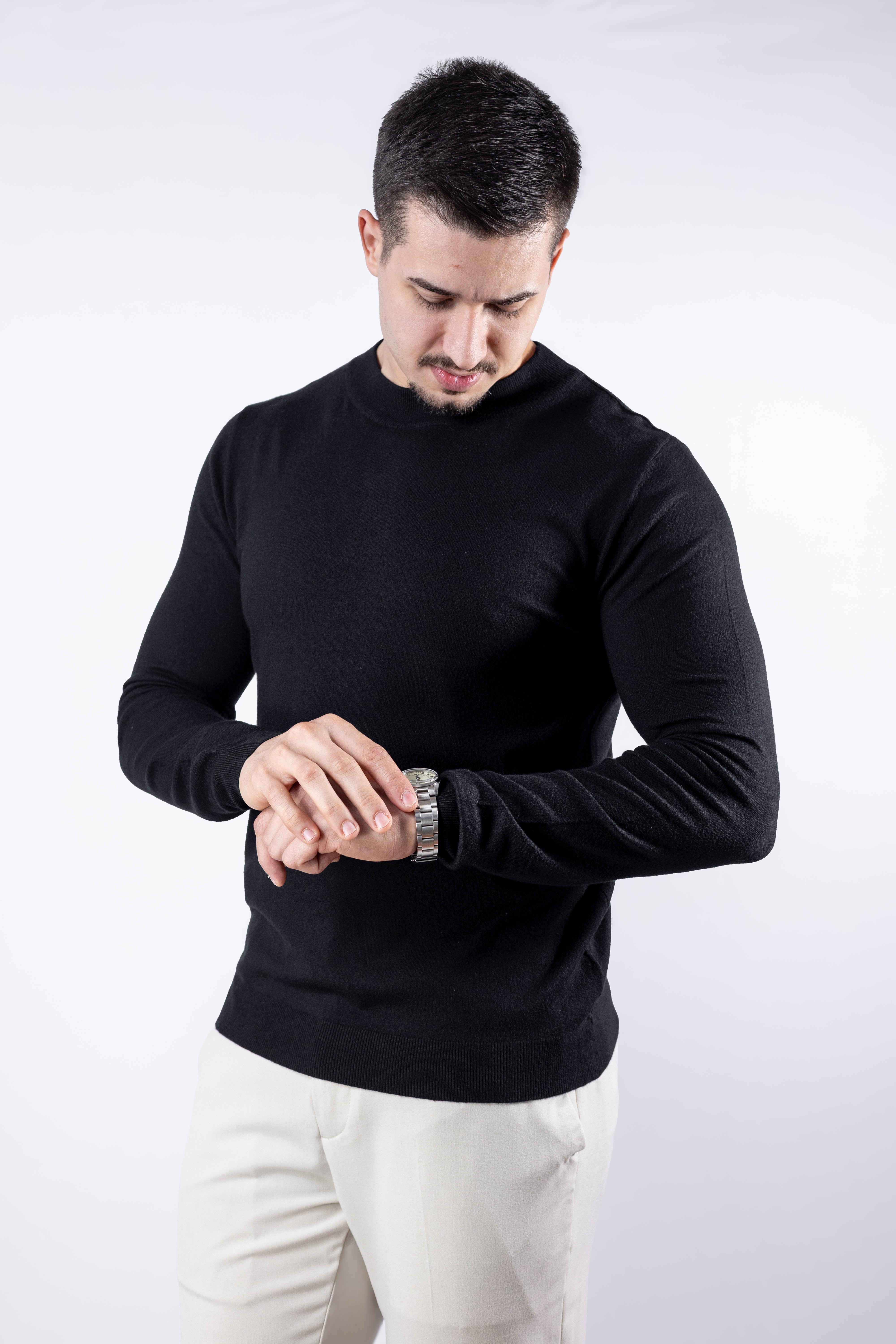 Sueter Tricot masculino gola redonda Preto com toque cashmere