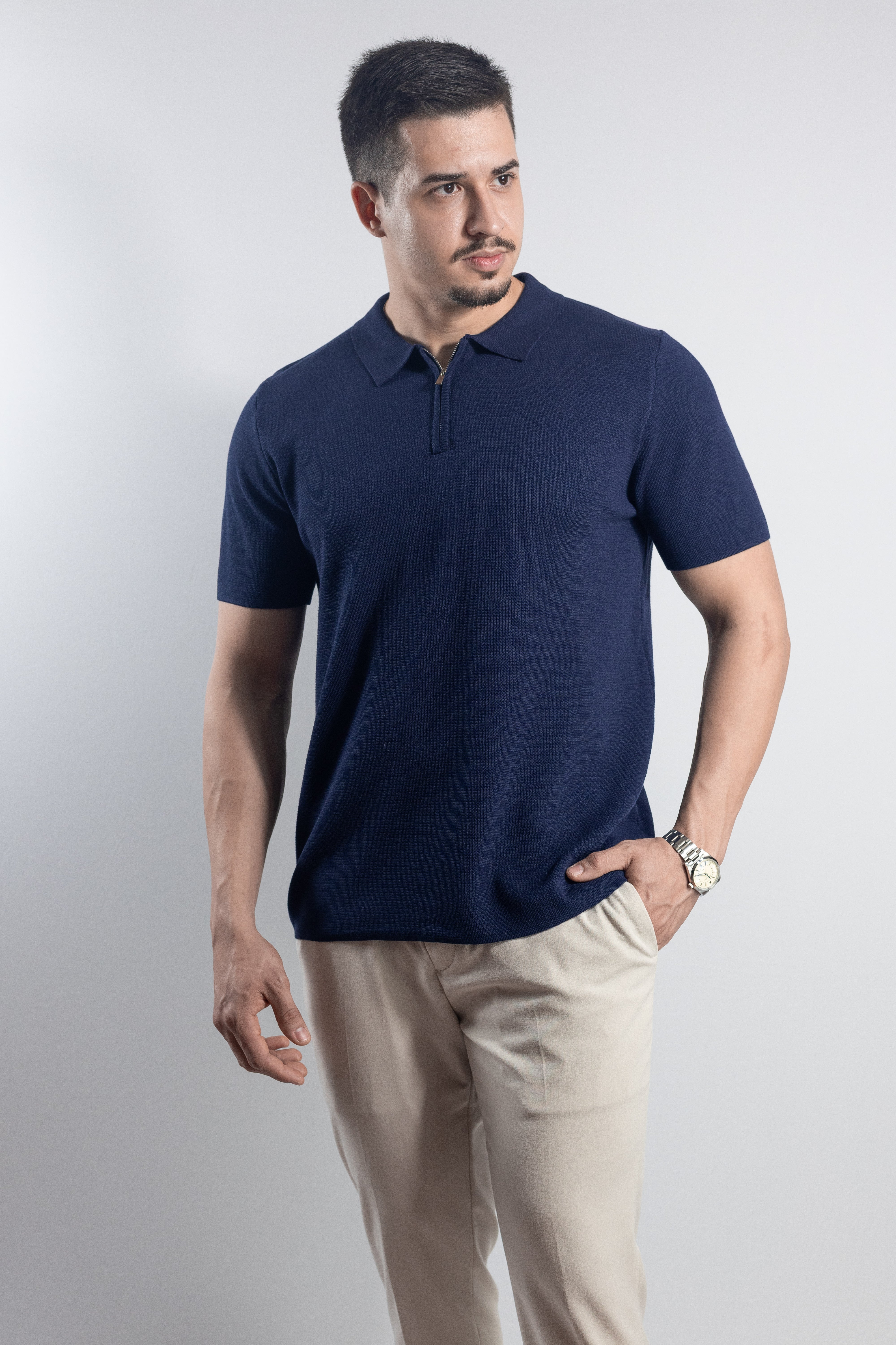 Polo Masculina de Tricot com Zíper Marinho
