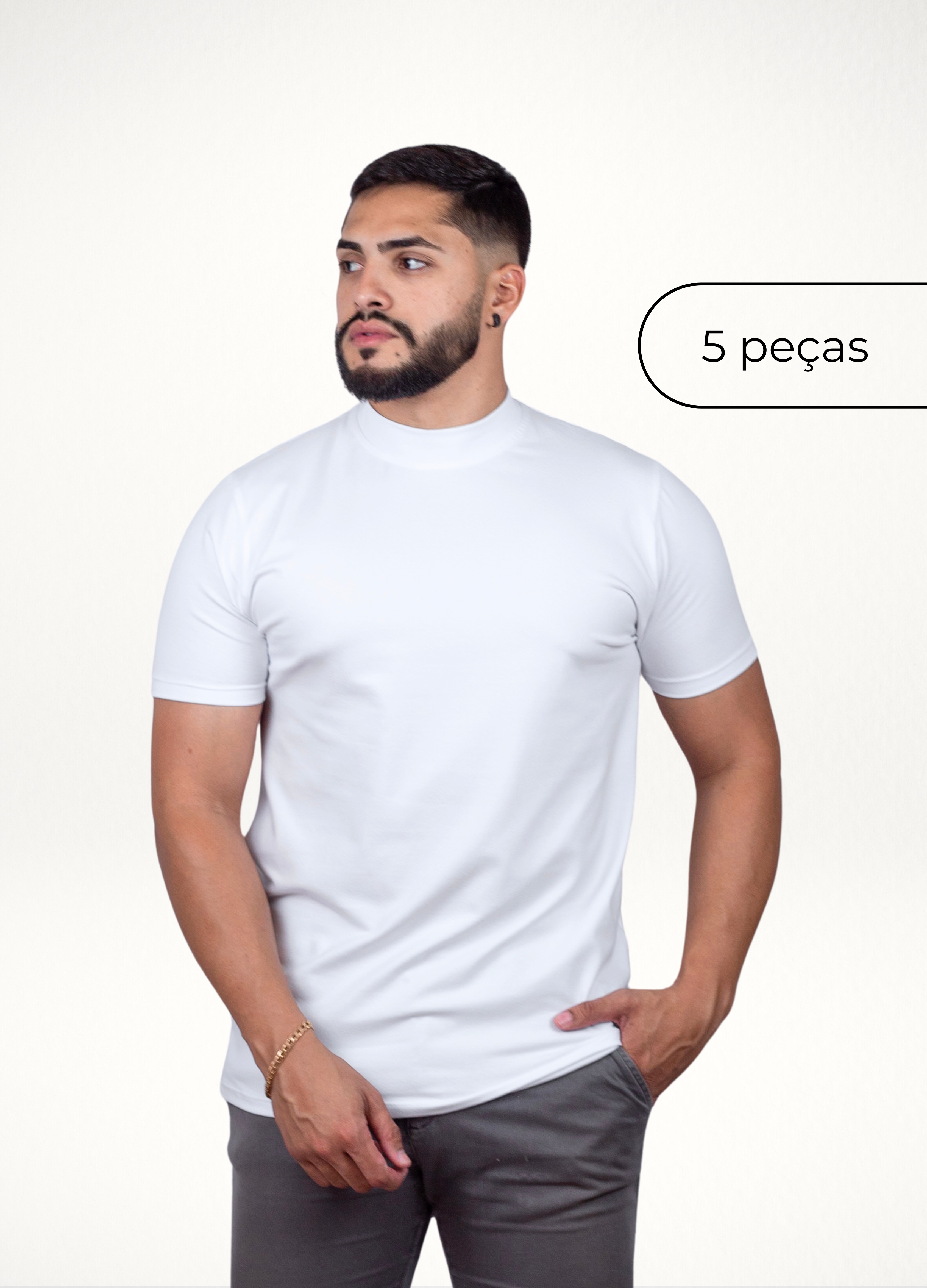 kit 5 Camisetas Gola alta Brancas - Algodão Egipcio