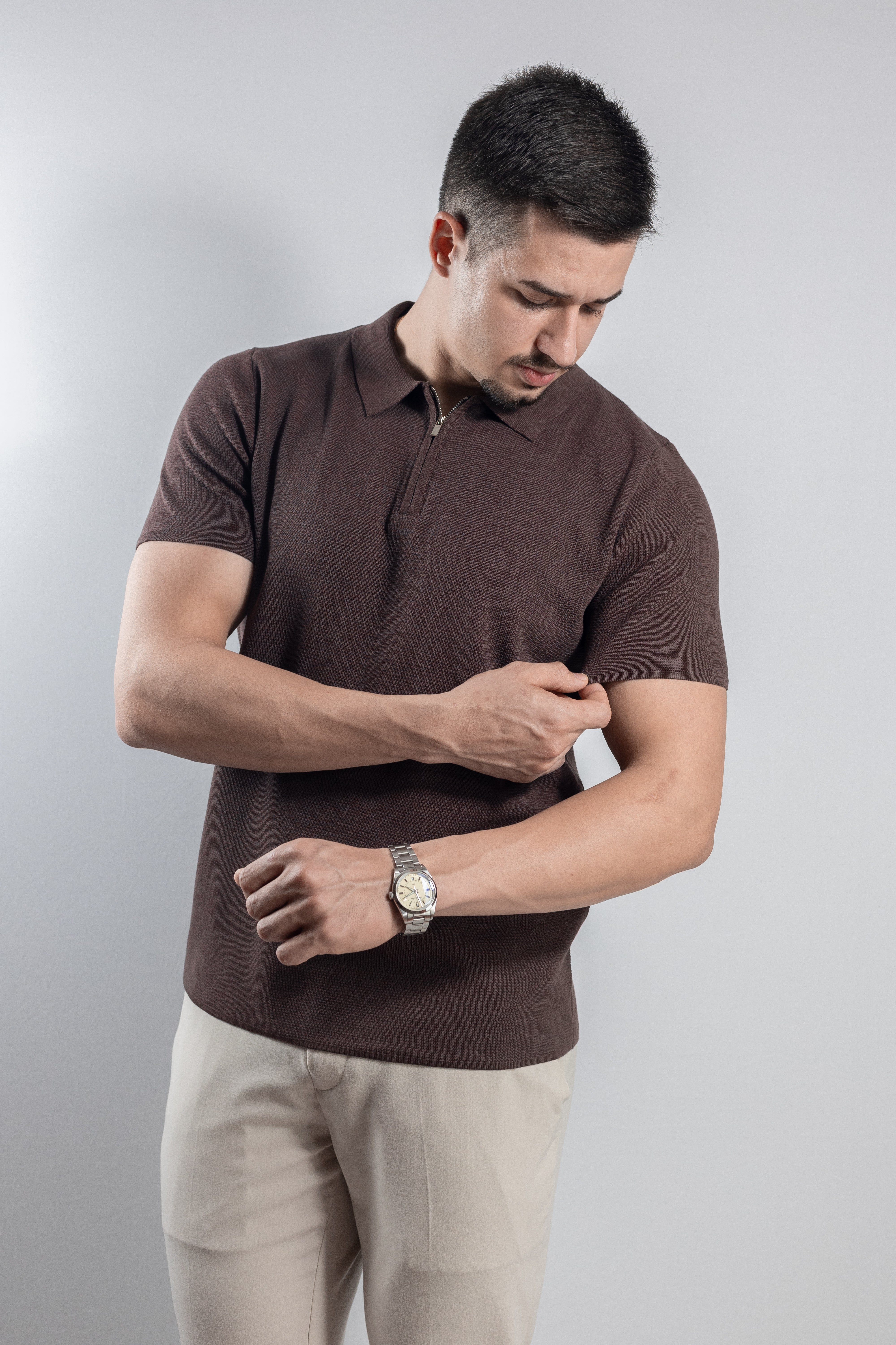Polo Masculina de Tricot com Zíper Marrom