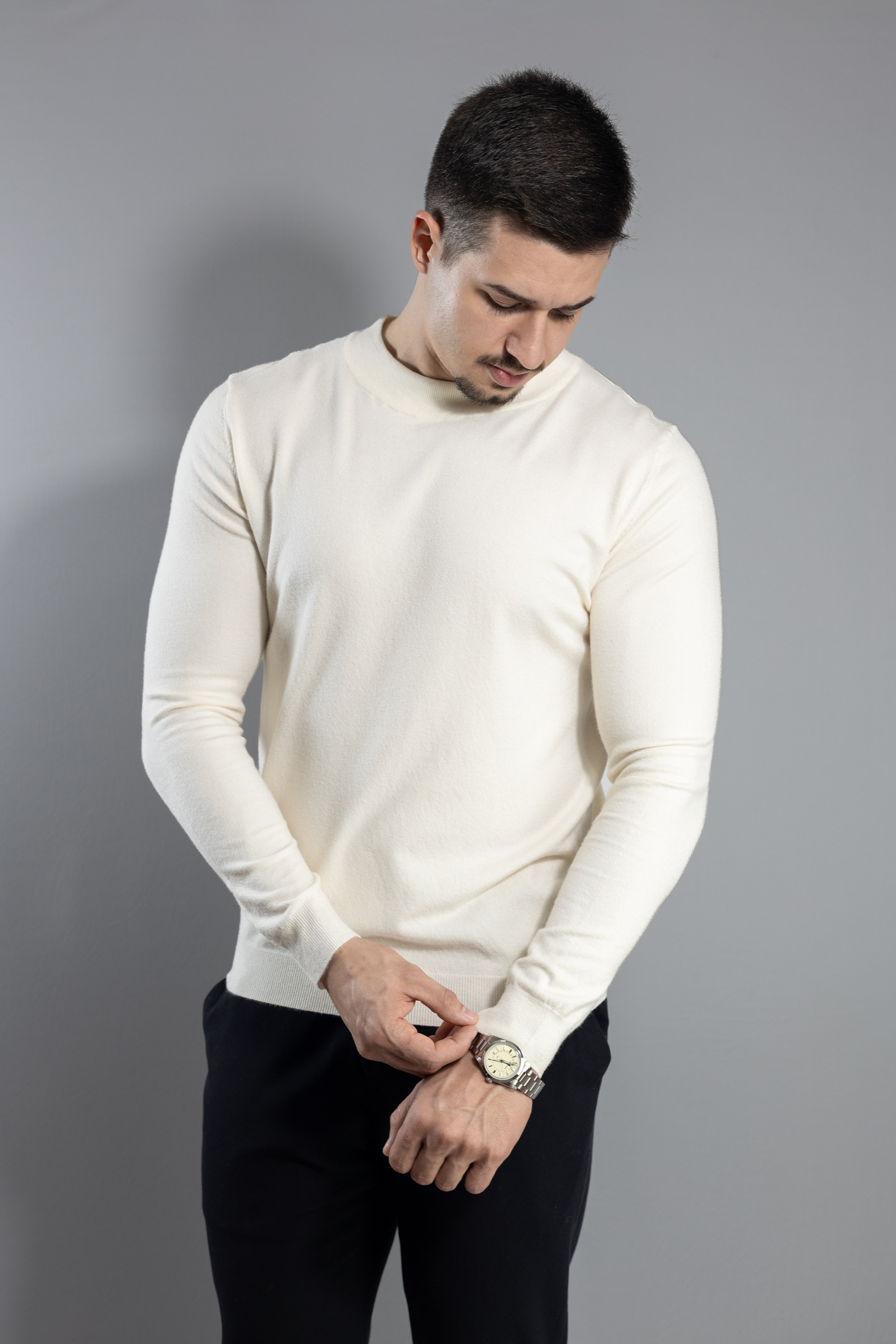 Sueter Tricot masculino gola redonda OffWhite com toque cashmere