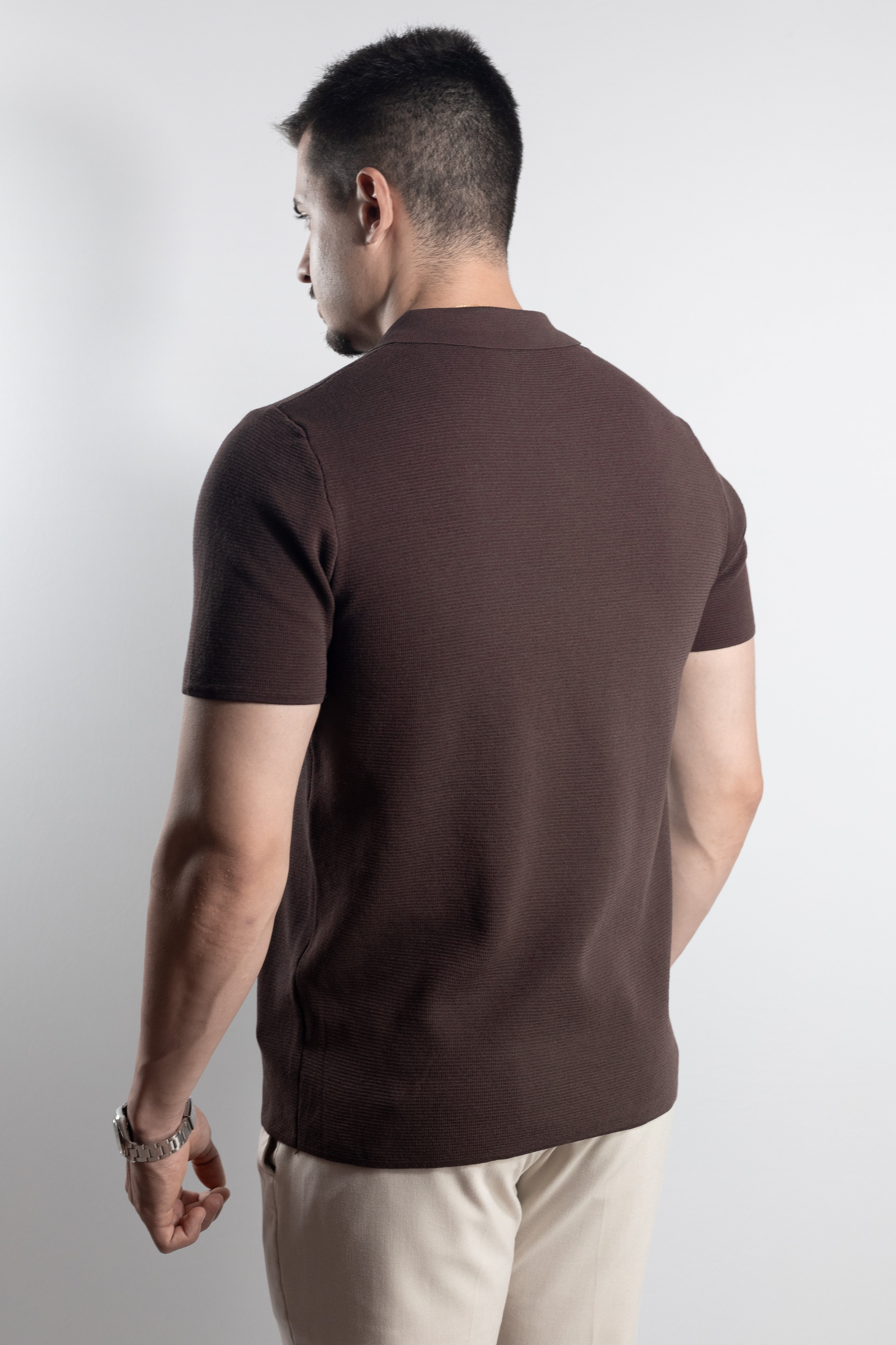 Polo Masculina de Tricot com Zíper Marrom