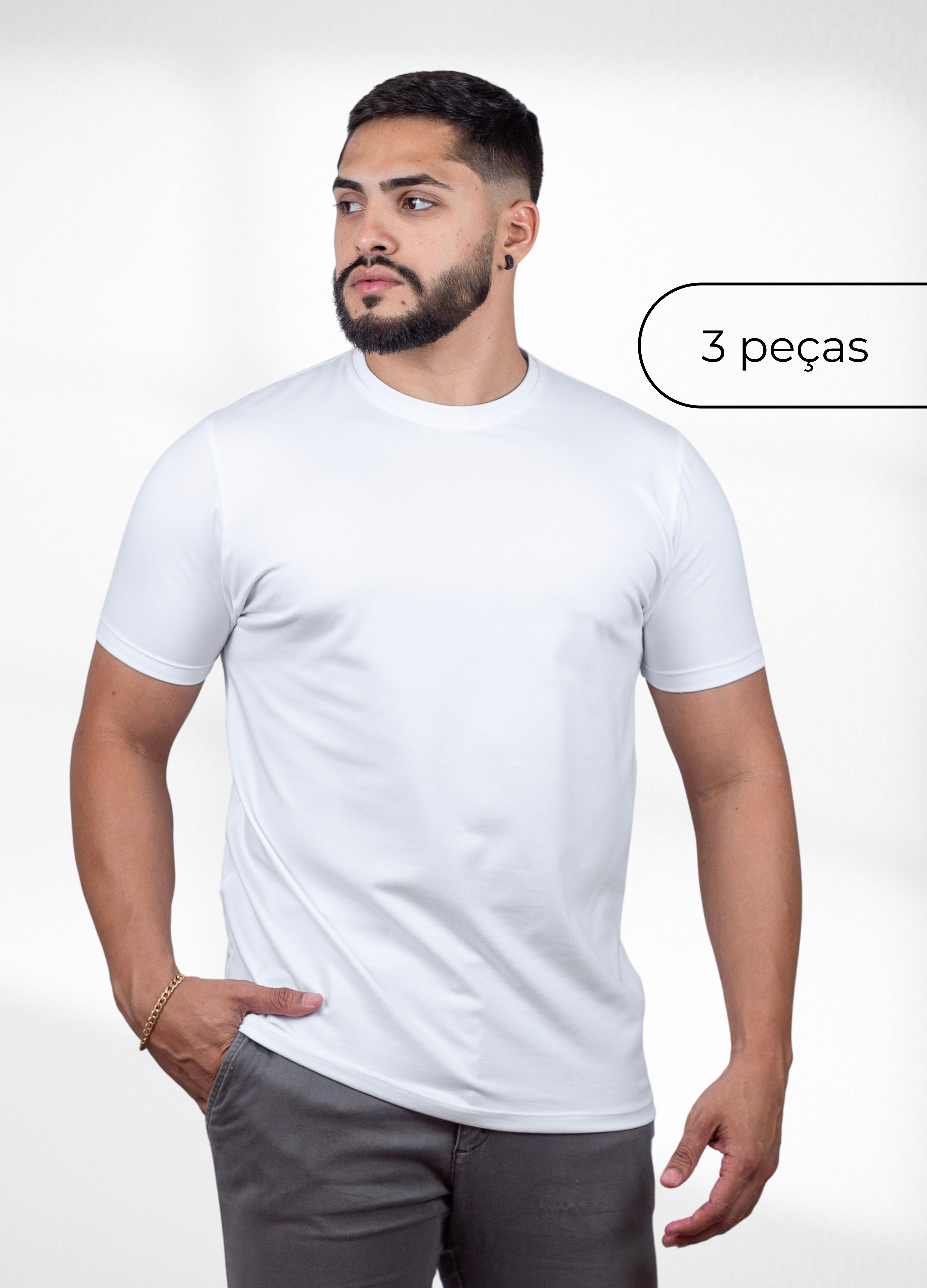 kit 3 Camisetas Básicas Brancas - Algodão Egipcio