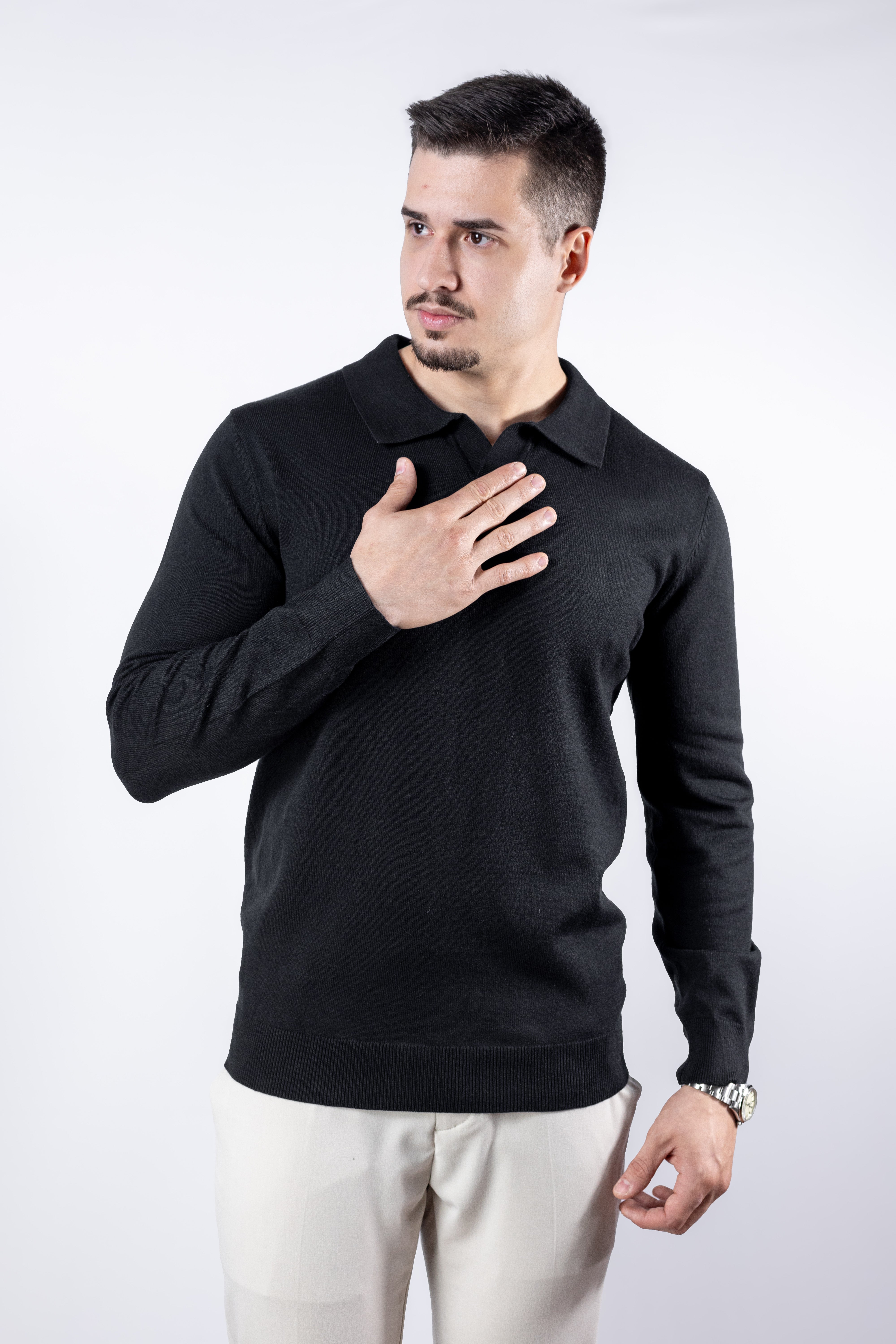 Sueter Tricot masculino gola polo italiana Preta