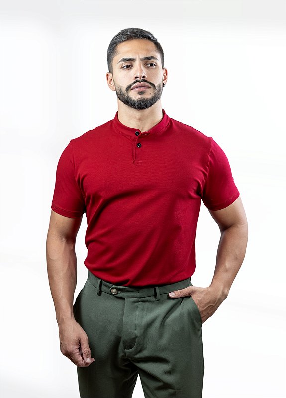 Camiseta Henley vermelha (gola padre)  - Algodão Egípcio