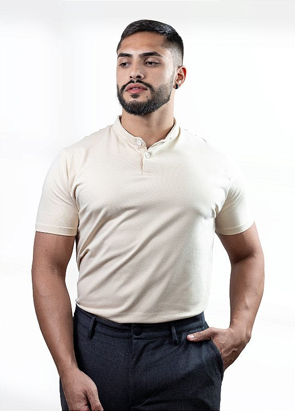 Camiseta Henley bege (gola padre)  - Algodão Egípcio