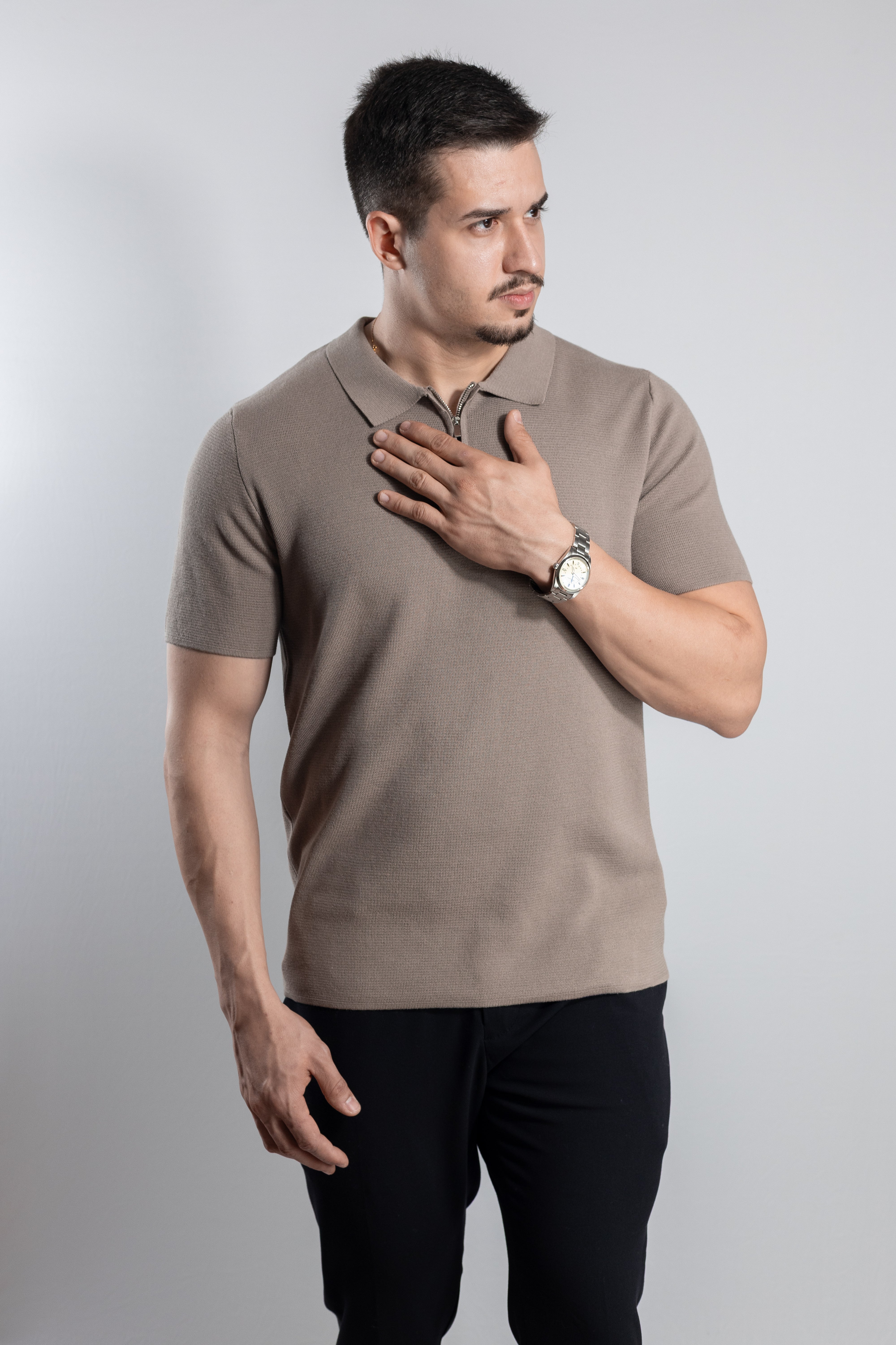 Polo Masculina de Tricot com Zíper Bege