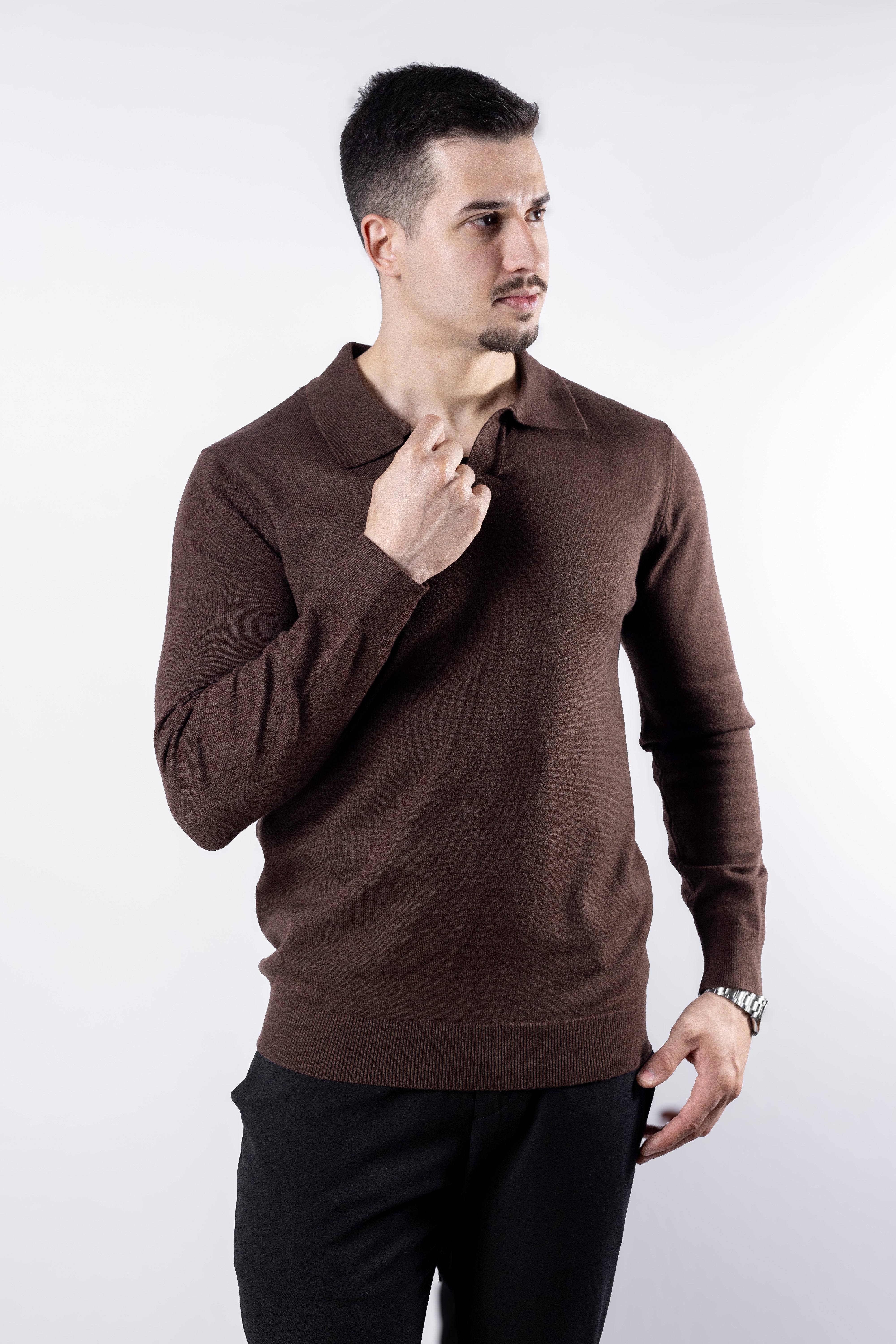 Sueter Tricot masculino gola polo italiana Marrom