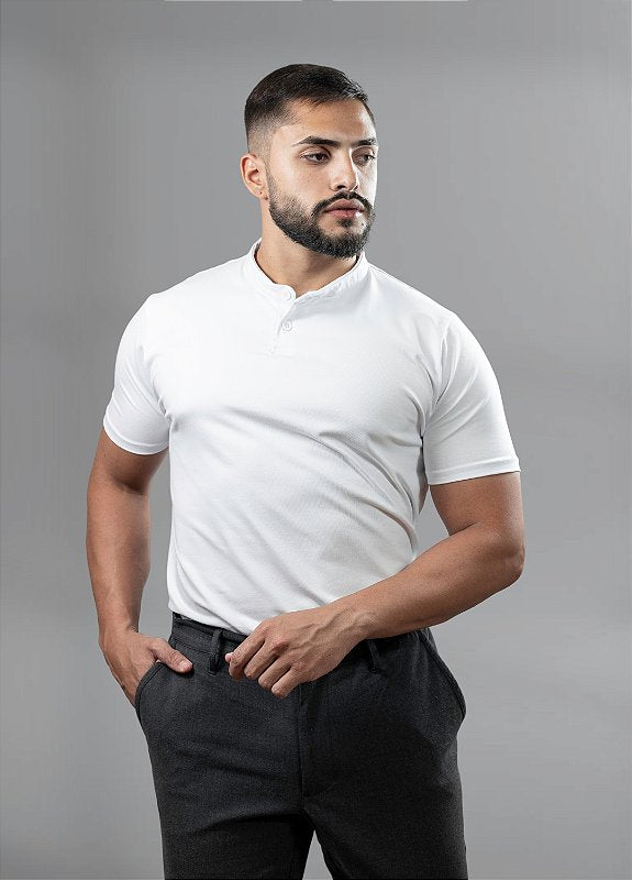 Camiseta Henley branca (gola padre)  - Algodão Egípcio
