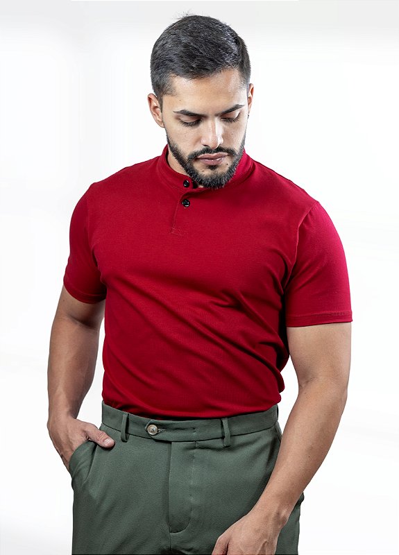 Camiseta Henley vermelha (gola padre)  - Algodão Egípcio