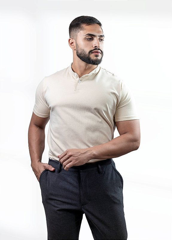 Camiseta Henley bege (gola padre)  - Algodão Egípcio
