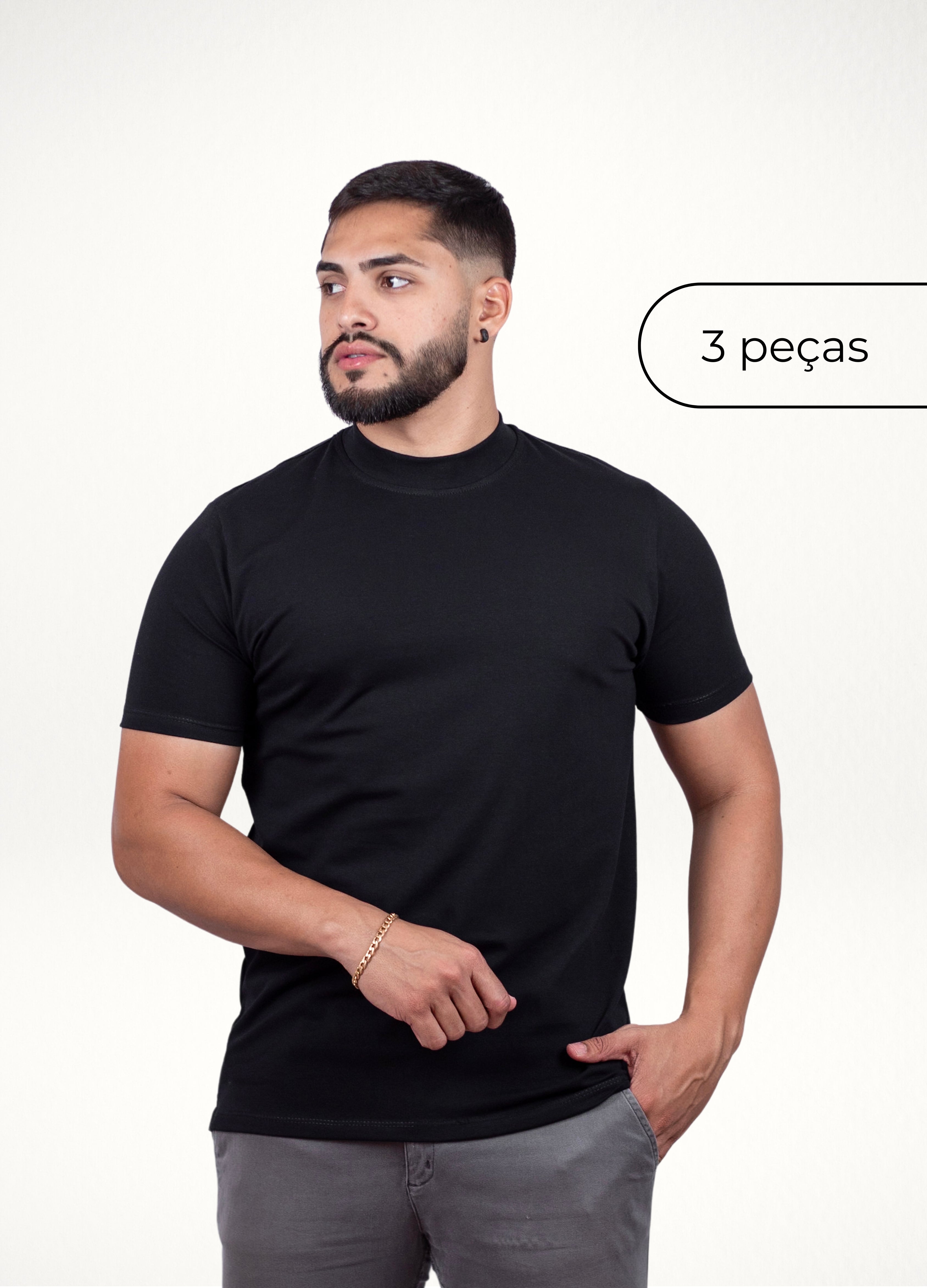 kit 3 Camisetas Gola alta Pretas - Algodão Egipcio