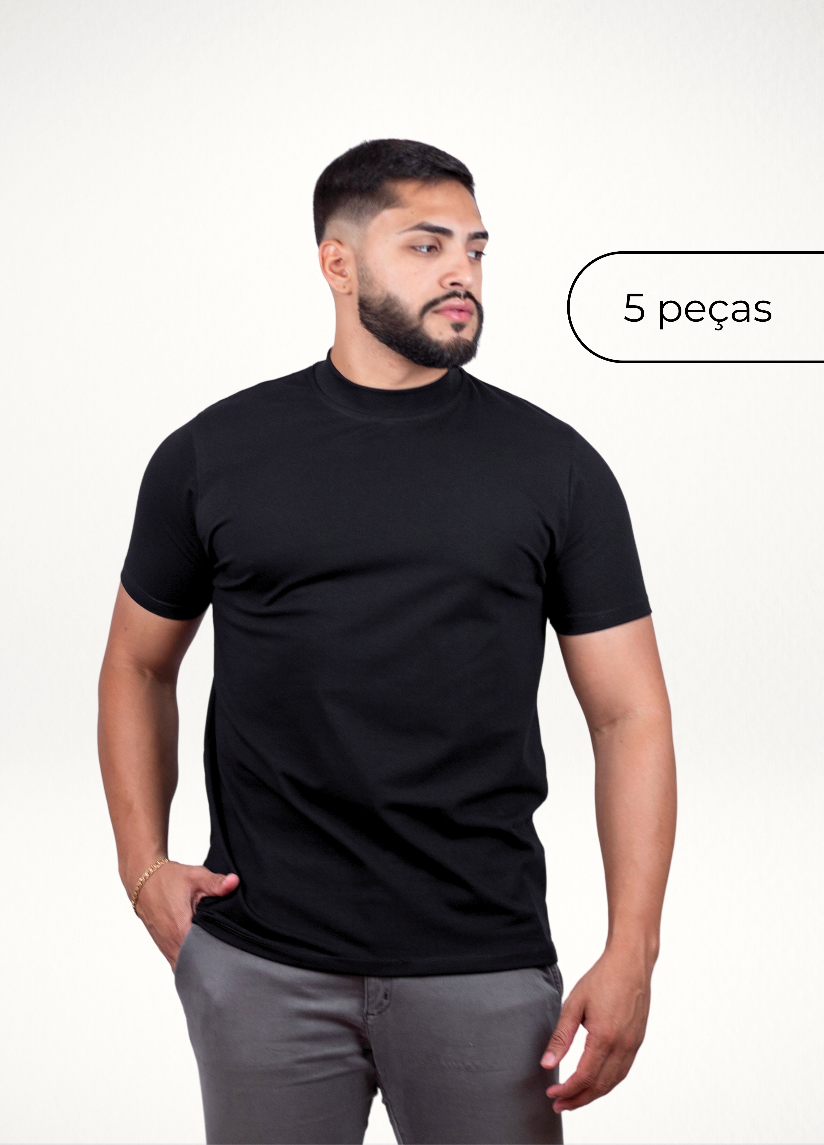 kit 5 Camisetas Gola alta Pretas - Algodão Egipcio