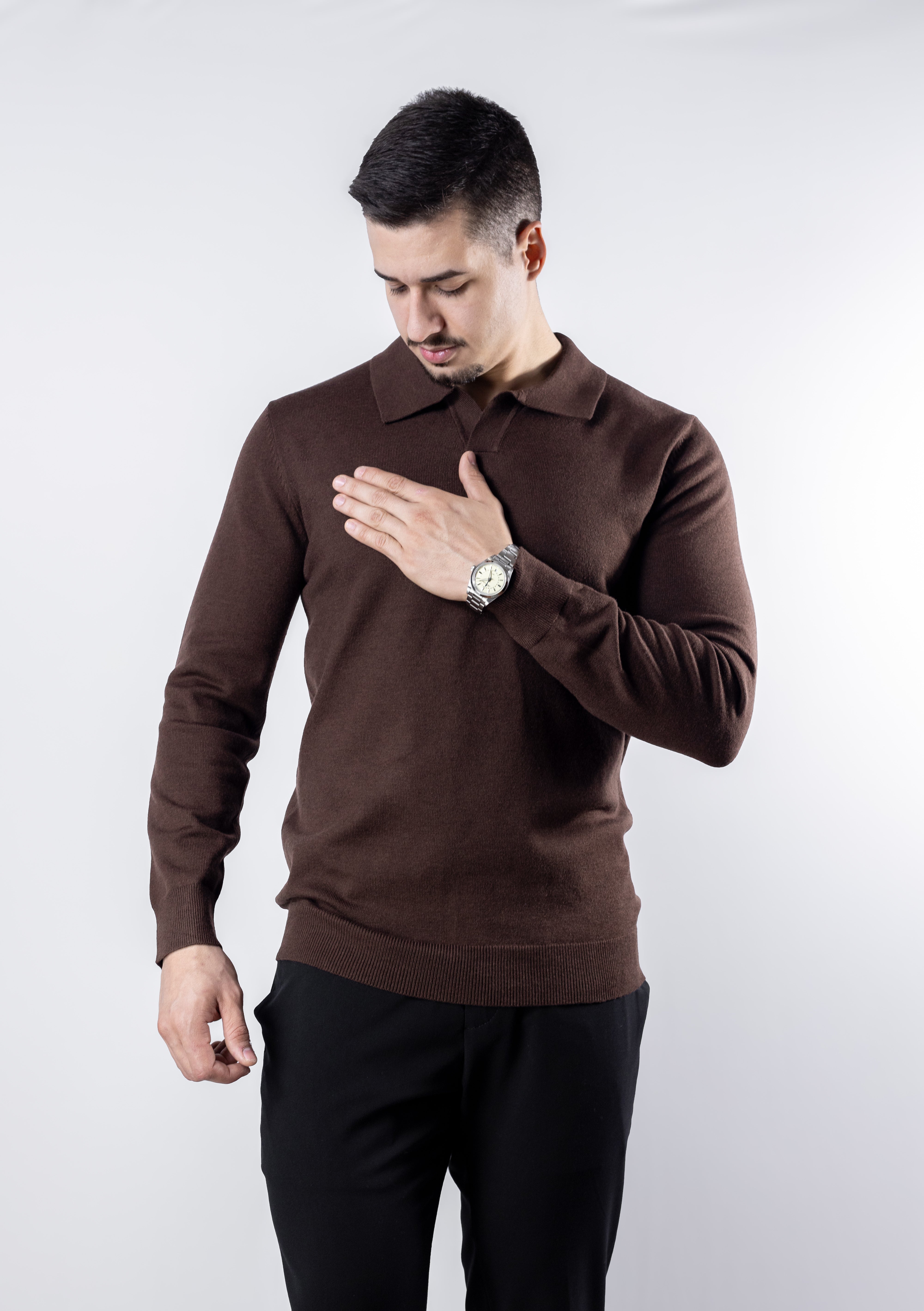 Sueter Tricot masculino gola polo italiana Marrom