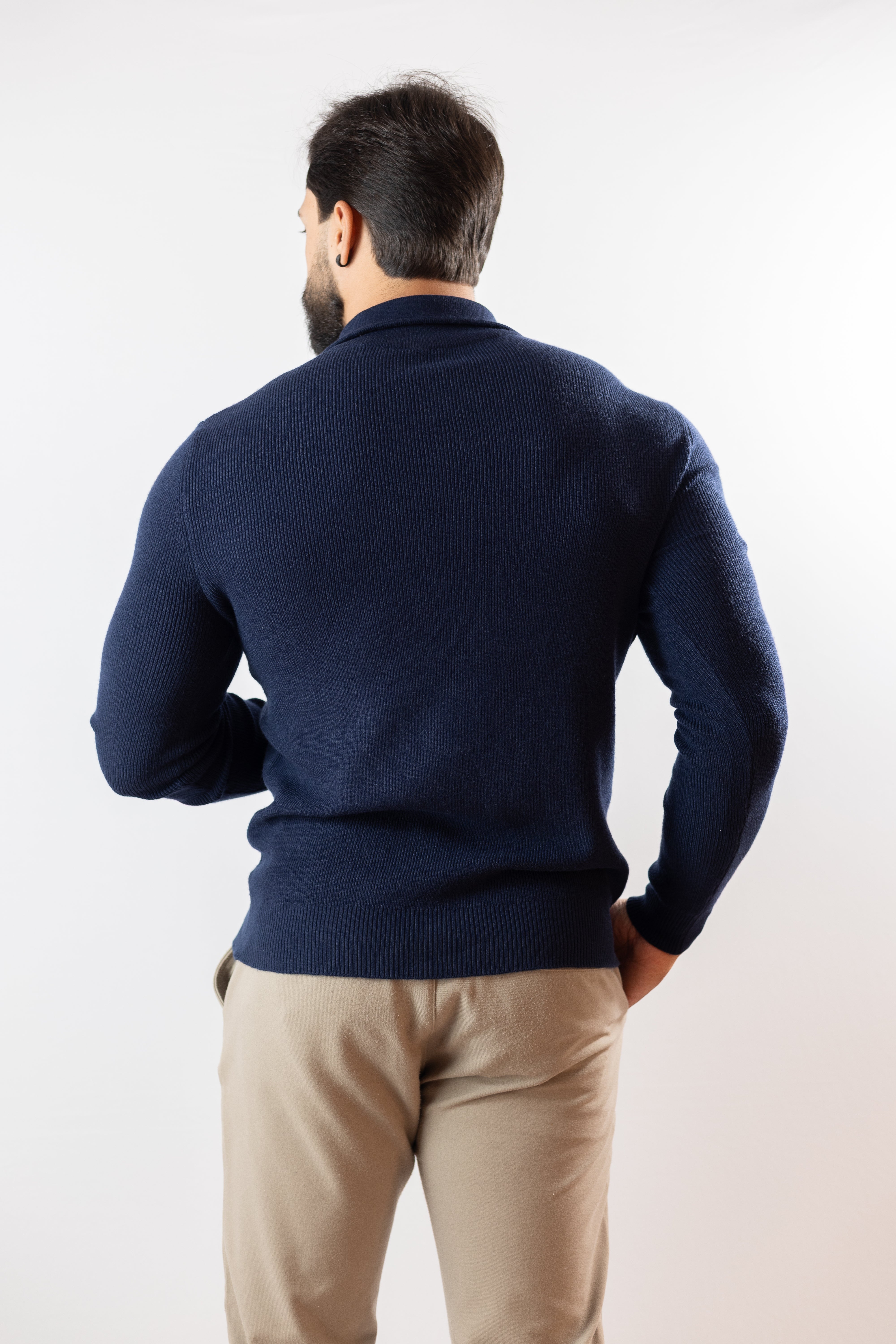 Blusa de Tricot Masculina com Zíper e Gola Alta Azul marinho Casual
