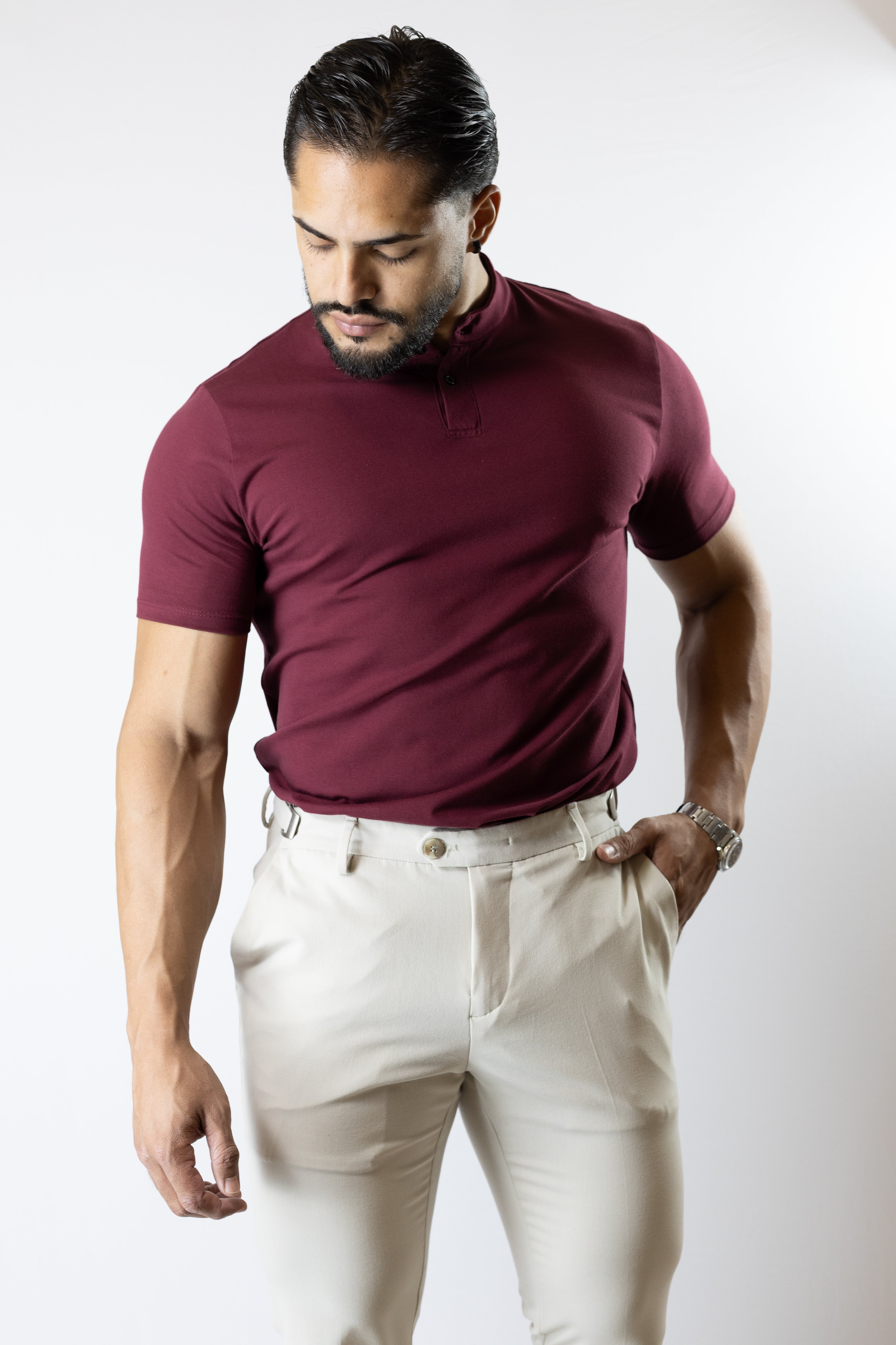 Camiseta Henley bordô (gola padre)  - Algodão Egípcio