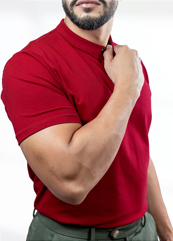 Camiseta Henley vermelha (gola padre)  - Algodão Egípcio
