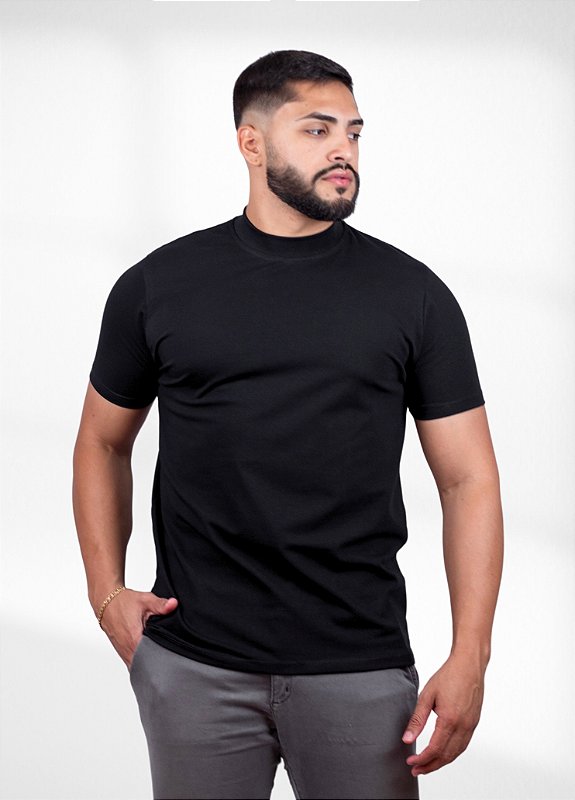 kit 5 Camisetas Gola alta Pretas - Algodão Egipcio