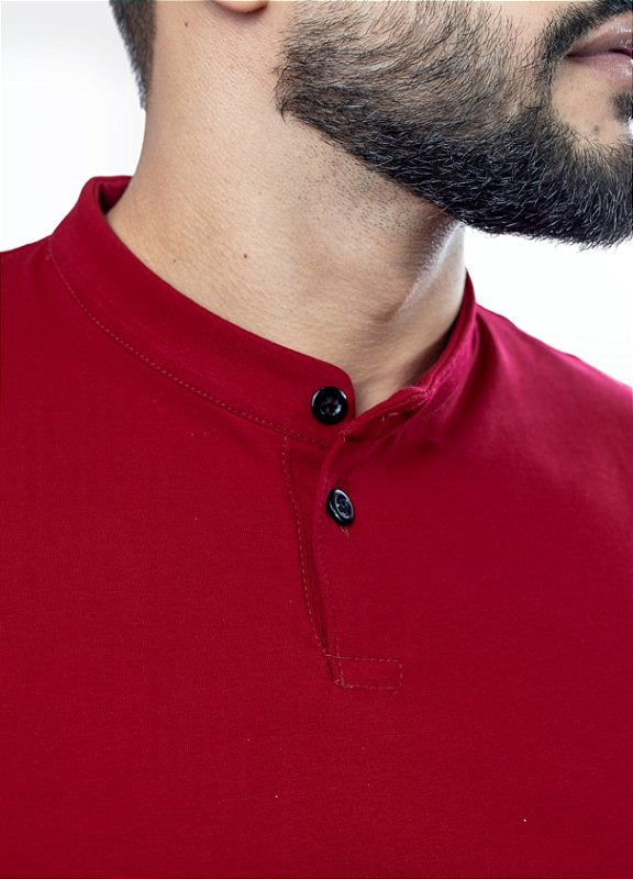 Camiseta Henley vermelha (gola padre)  - Algodão Egípcio