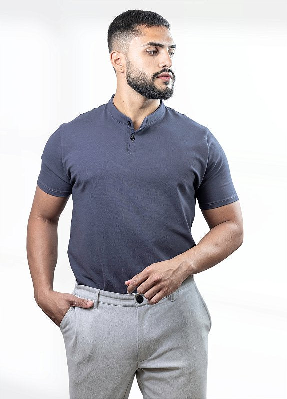 Camiseta Henley cinza (gola padre)  - Algodão Egípcio